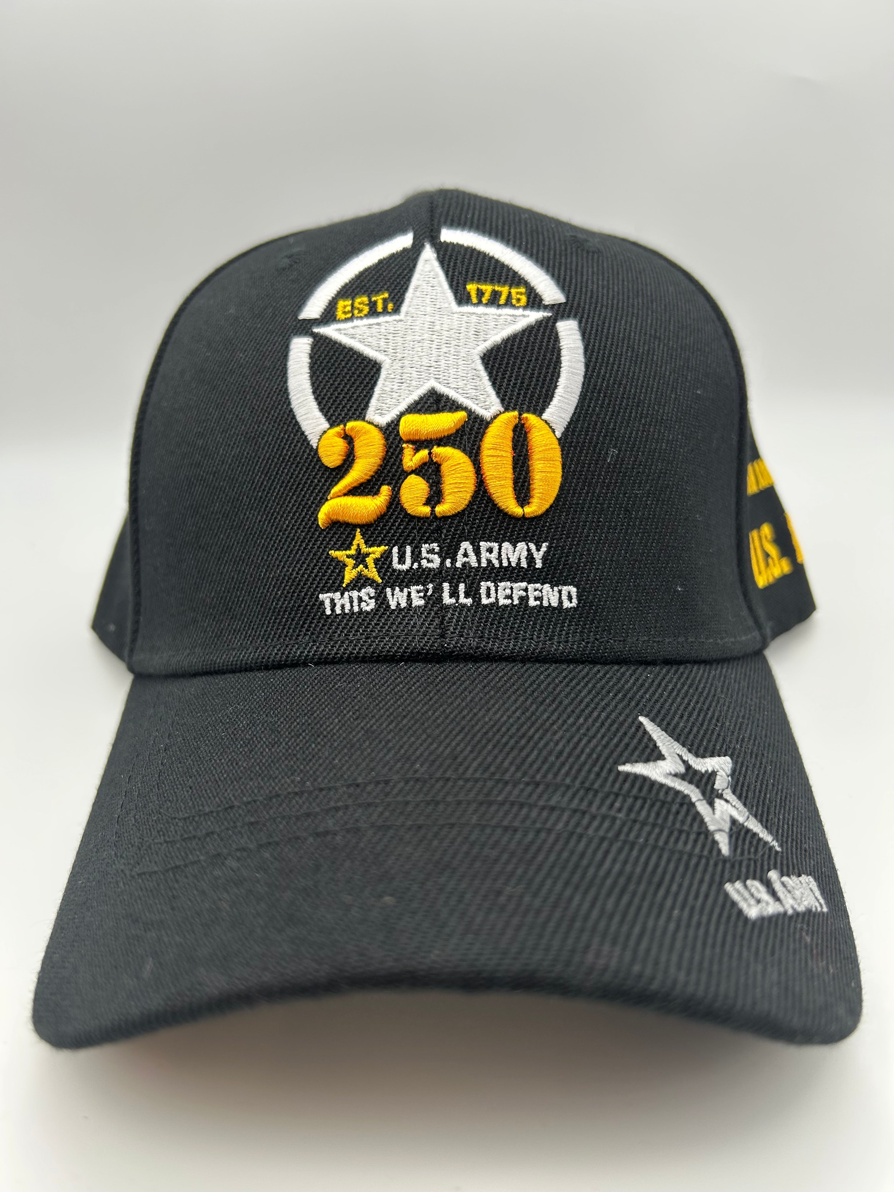 US Army 250th Est 1775 Black, Embroidered Military Cap - Adjustable One Size | Military Hats & Pins