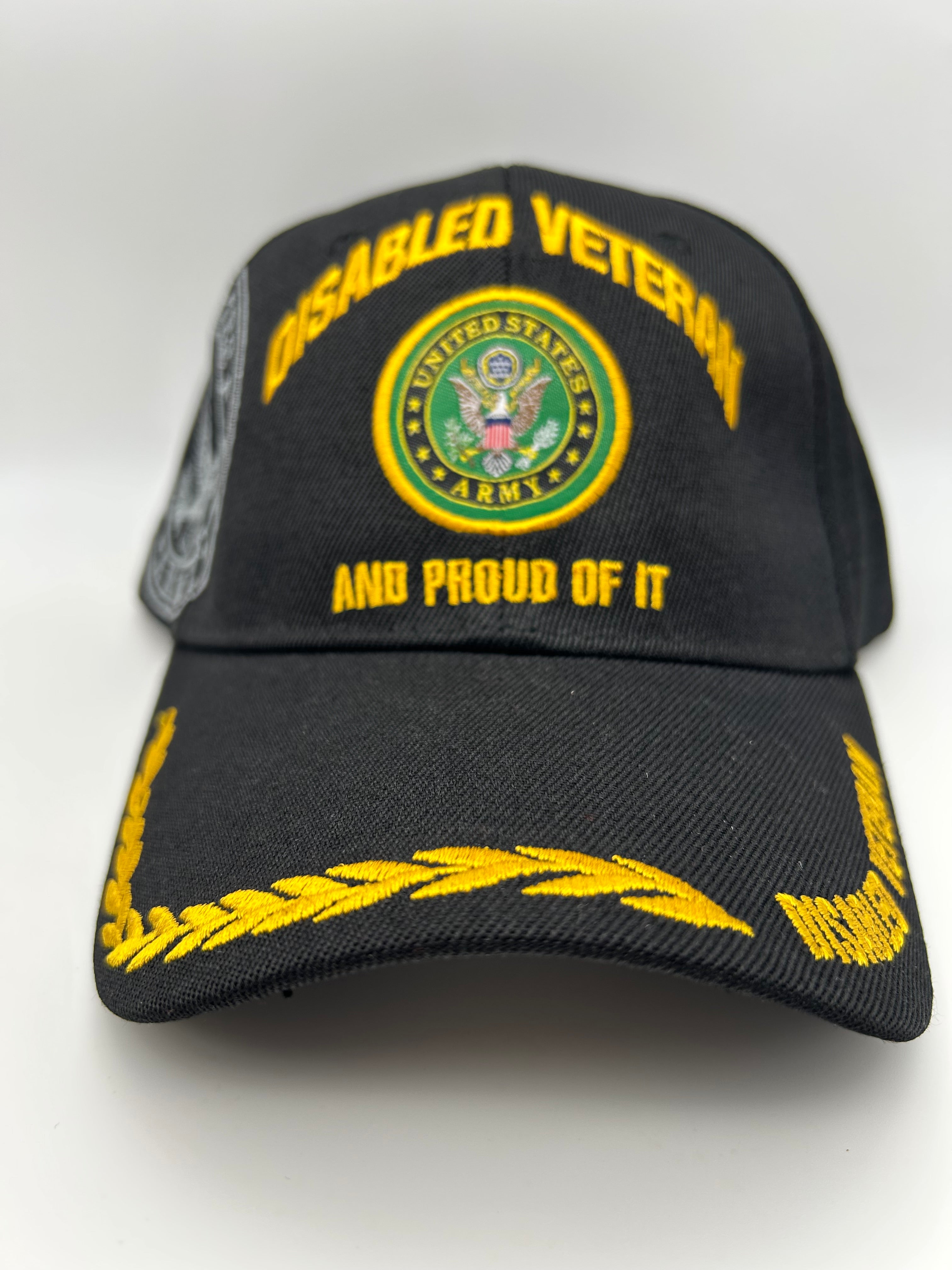 Disabled Veteran U.S. Army Proud Black Embroidered Military Cap - Adjustable One Size | Military Hats & Pins