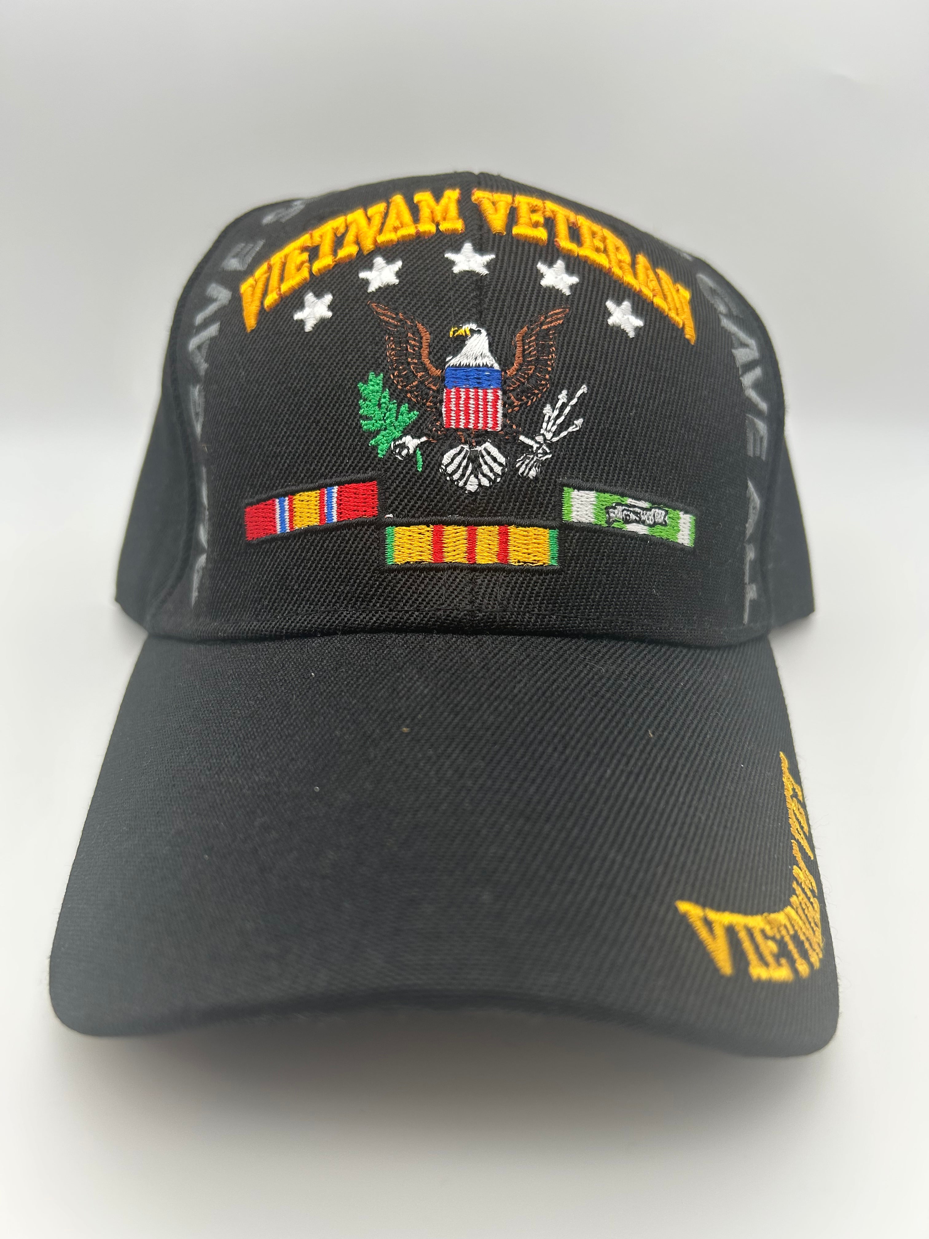 Vietnam Veteran Service Ribbons & Eagle Black Embroidered Military Cap - Adjustable One Size | Military Hats & Pins