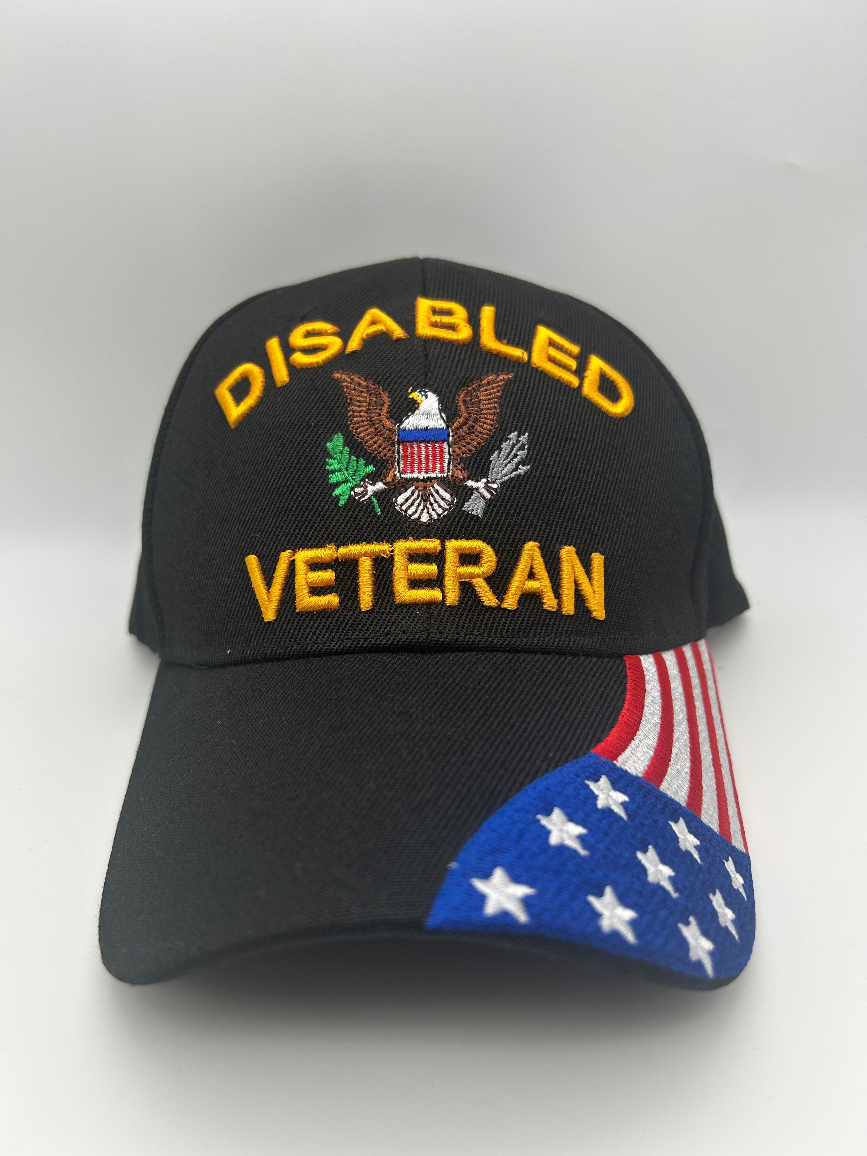 Disabled Veteran Eagle US Flag Bill Black Embroidered Military Cap - Adjustable One Size | Military Hats & Pins