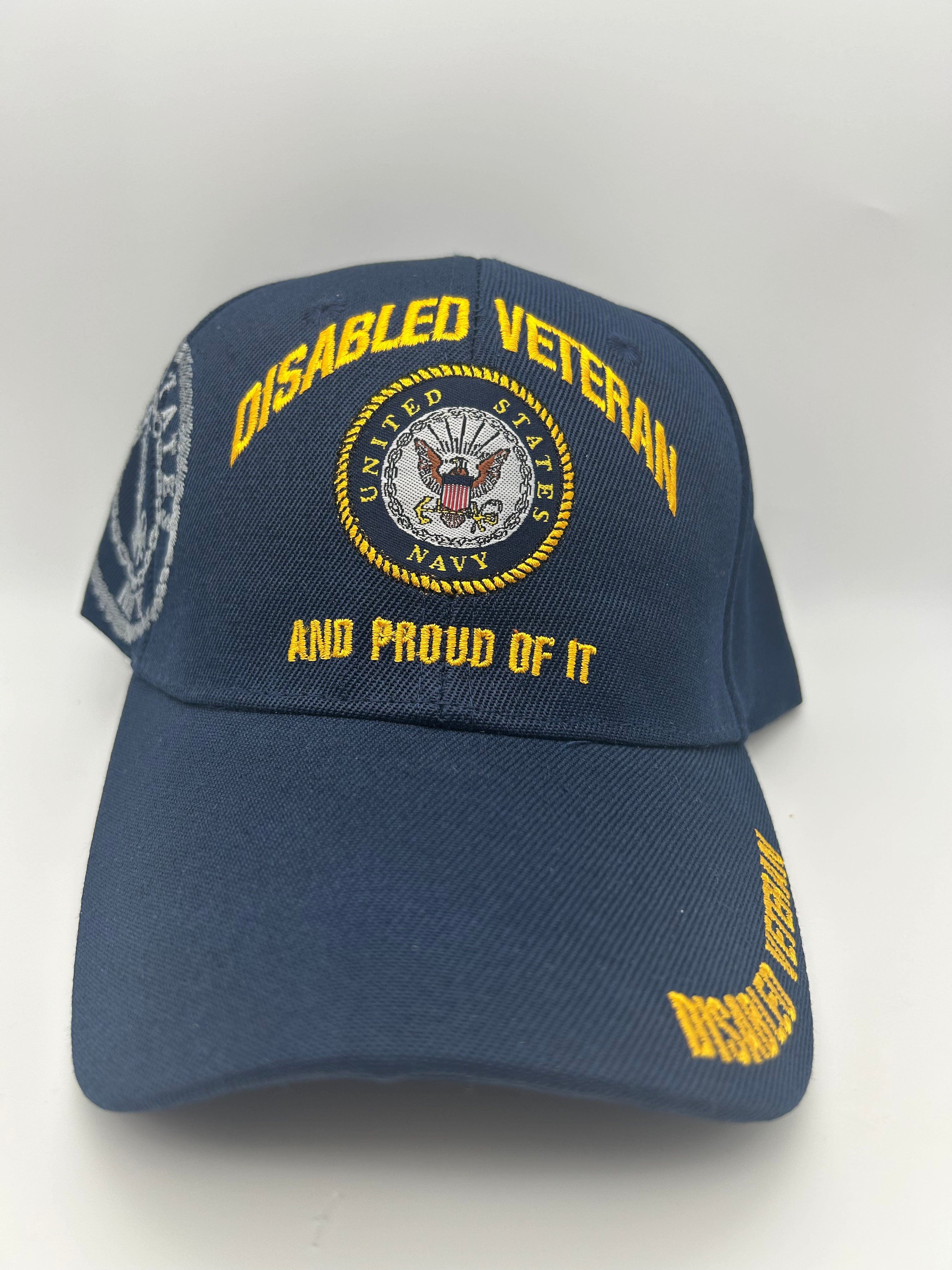 US Navy Disabled Veteran "And Proud Of It" Blue Embroidered Military Cap - Adjustable One Size | Military Hats & Pins