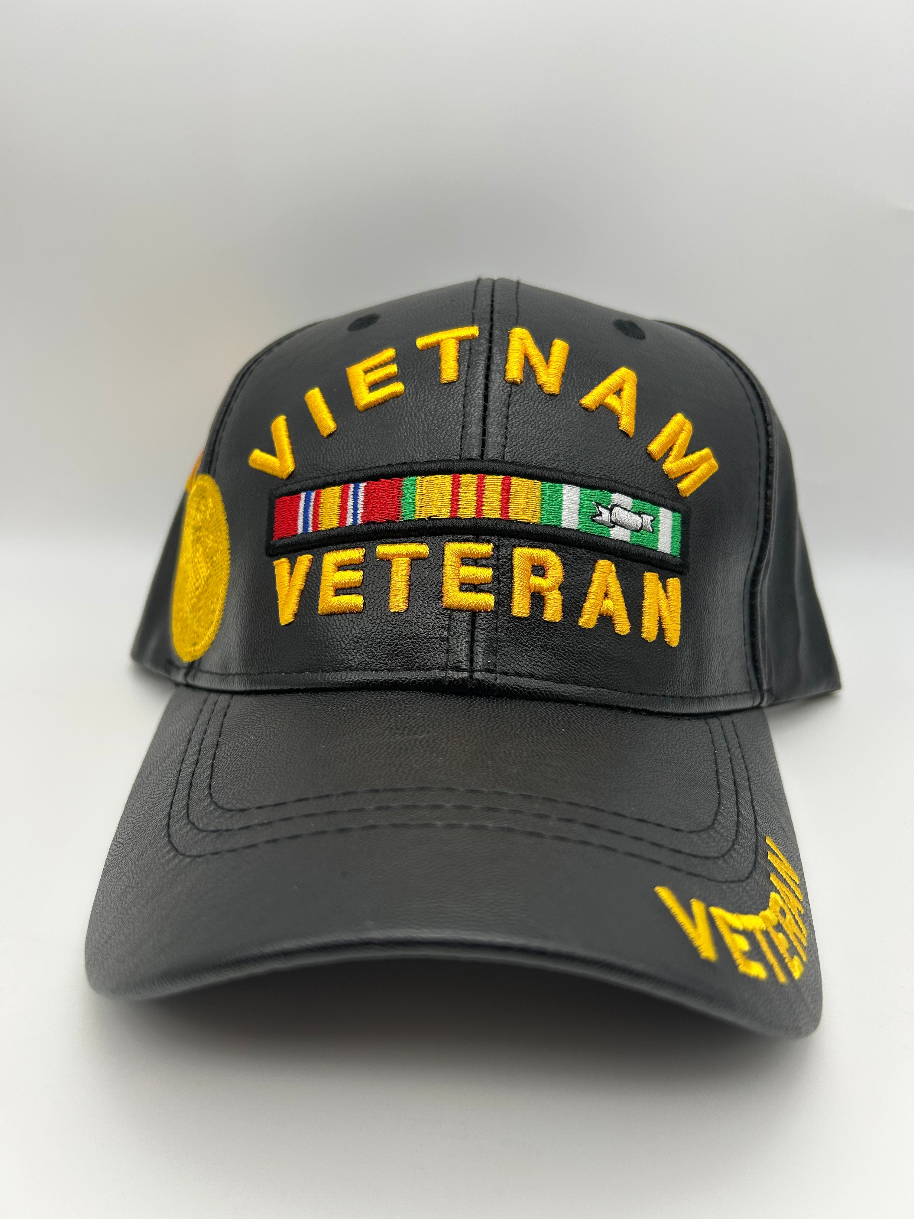 US Vietnam Veteran Black Leather - Embroidered Military Cap - Adjustable One Size | Military Hats & Pins