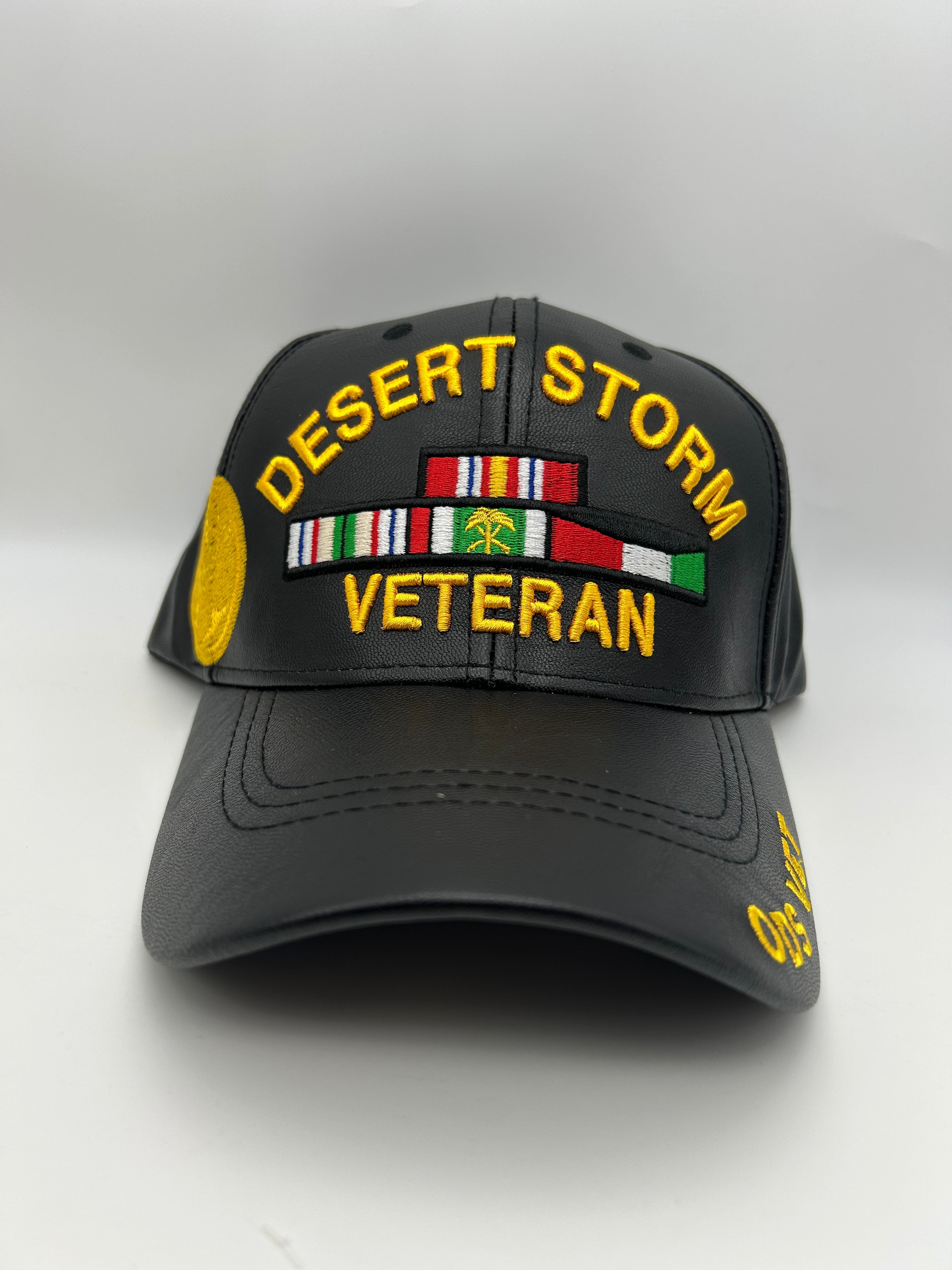US Desert Storm Veteran - Black Leather Cap - Embroidered Military Cap - Adjustable One Size | Military Hats & Pins