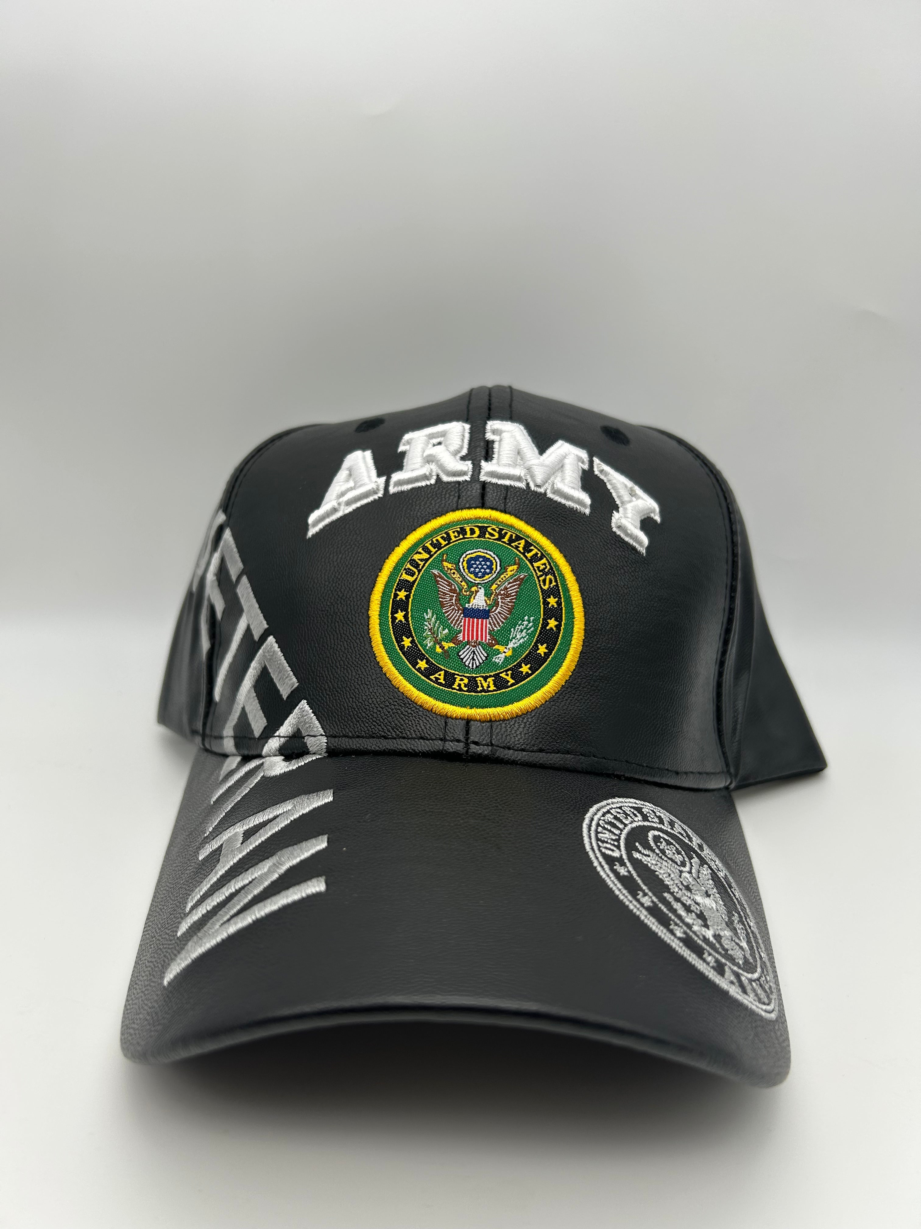 US Army Seal Veteran - Black Leather Cap - Embroidered Military Cap - Adjustable One Size | Military Hats & Pins