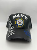 US Navy Seal Veteran - Black Leather Cap - Embroidered Military Cap - Adjustable One Size | Military Hats & Pins