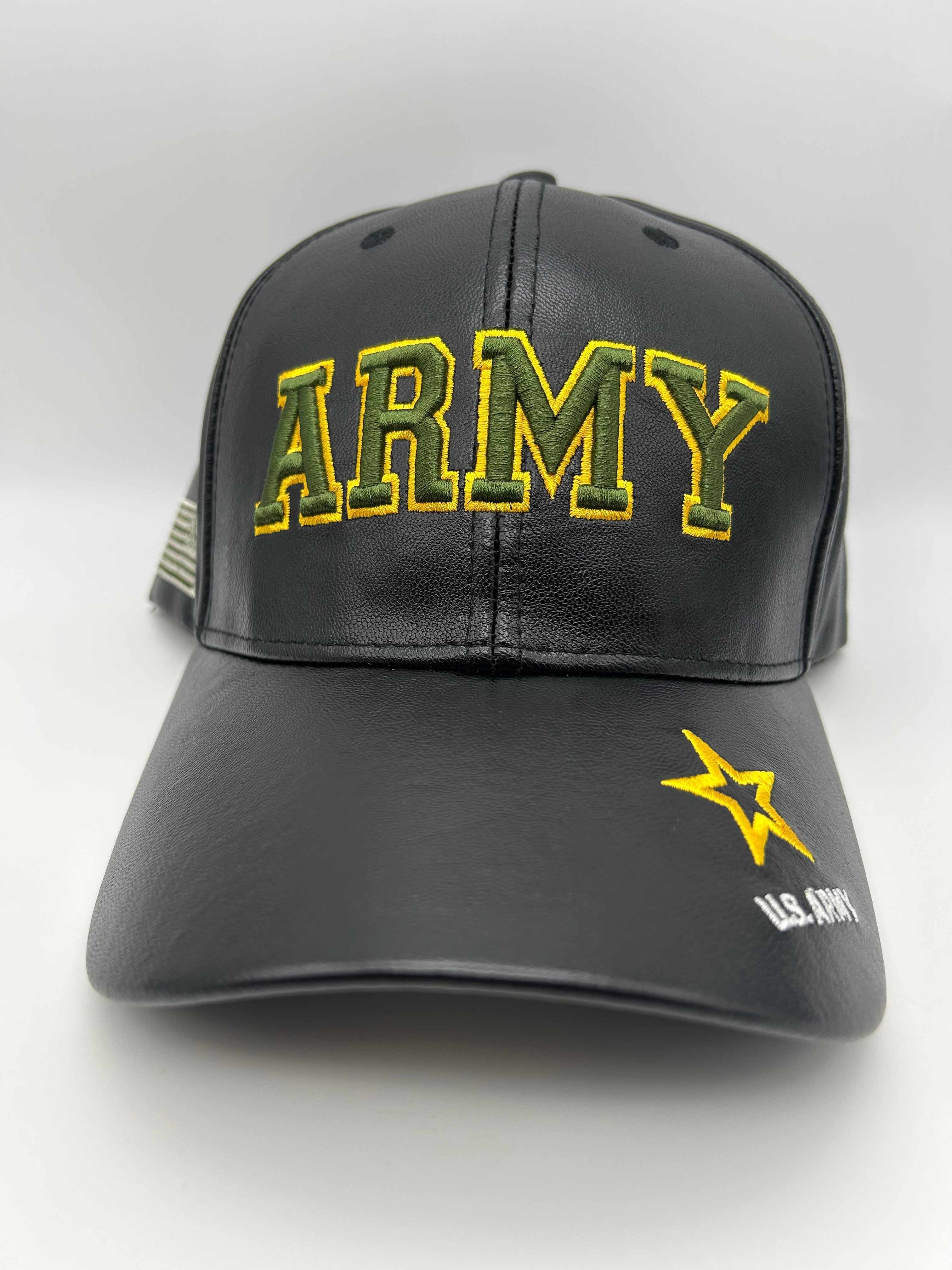 US Army Black Leather - Embroidered Military Cap - Adjustable One Size | Military Hats & Pins