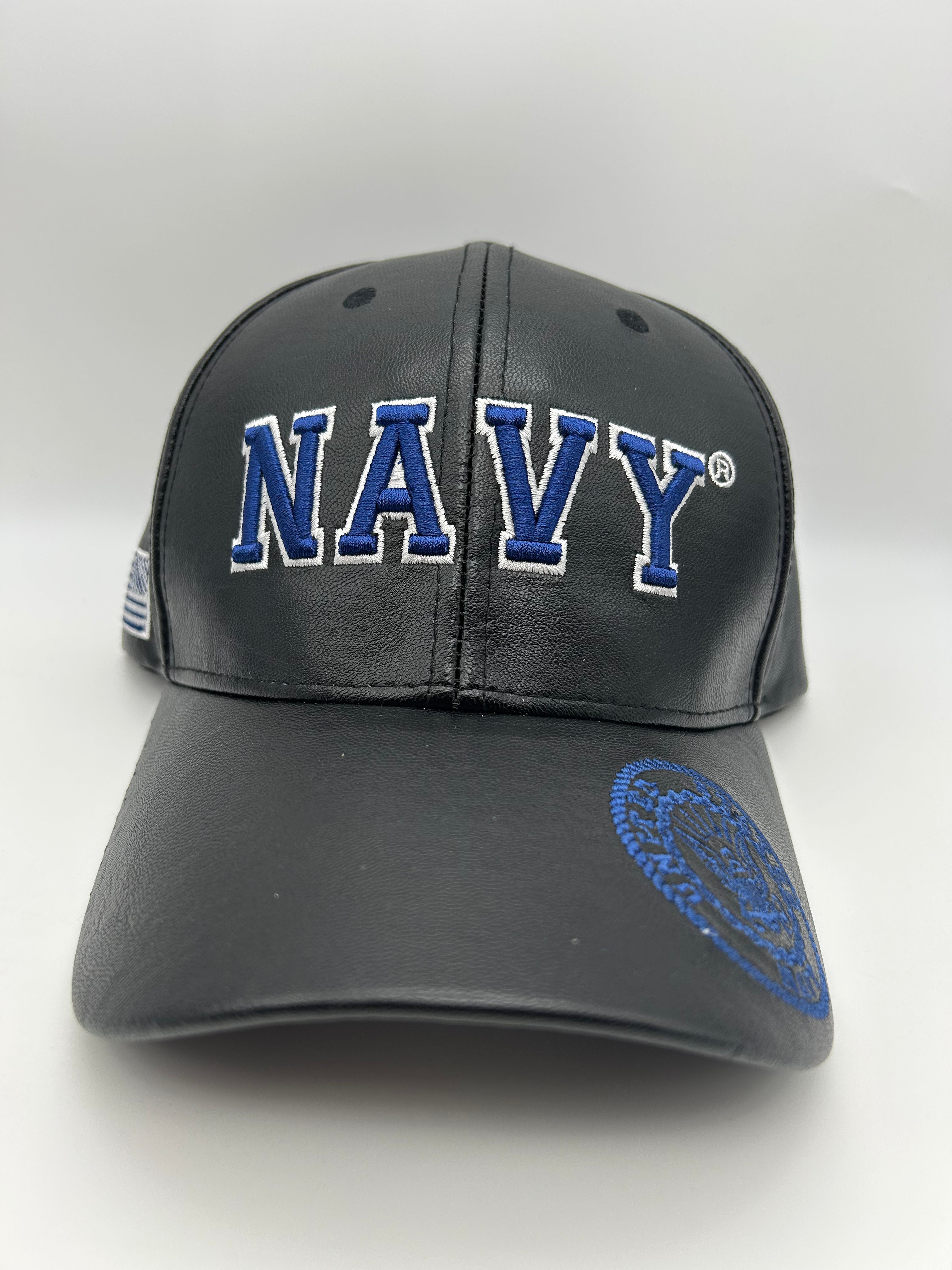US Navy Black Leather - Embroidered Military Cap - Adjustable One Size | Military Hats & Pins