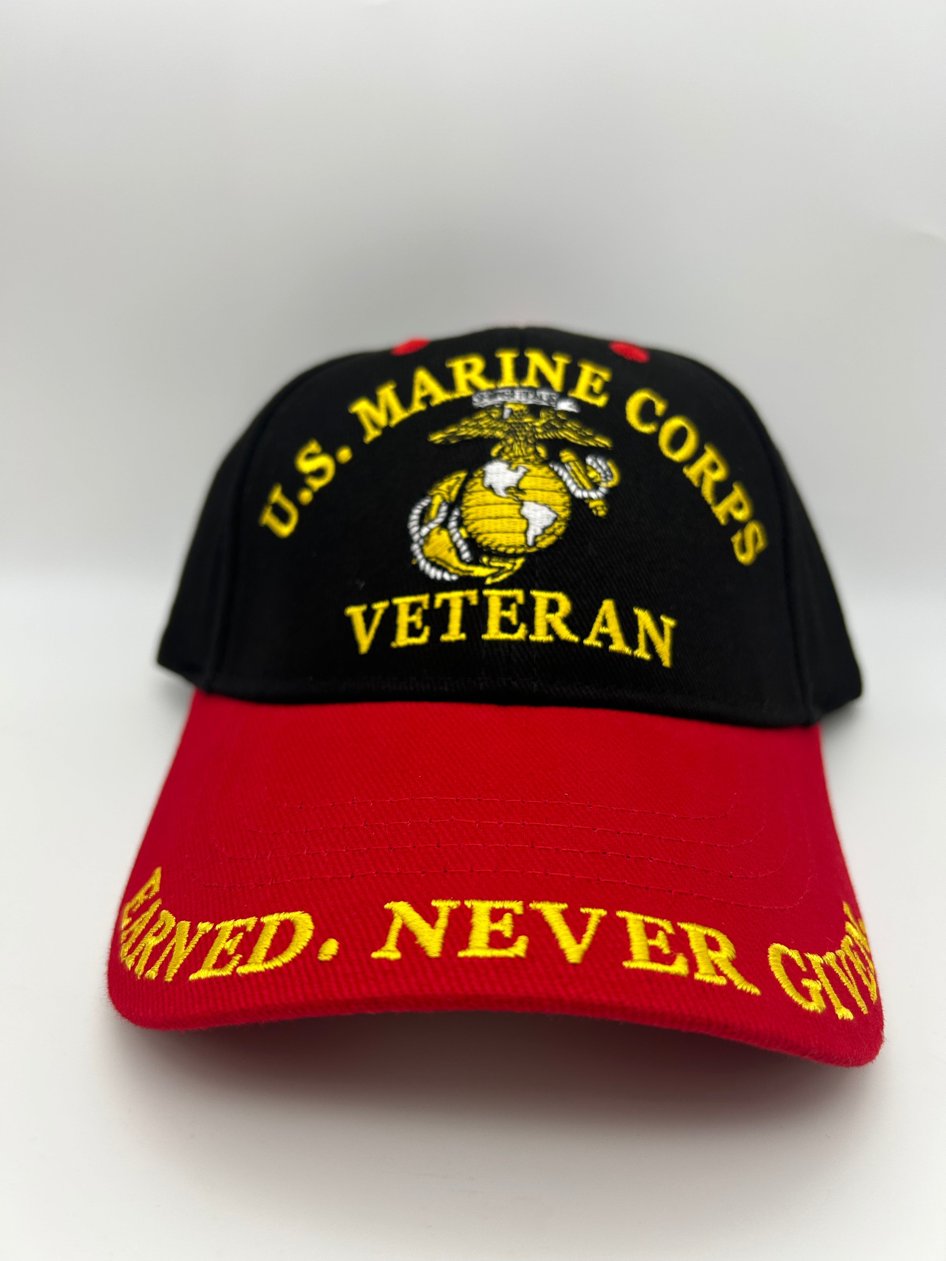 US Marines Corps Veteran - Black Red Embroidered Military Cap - Adjustable One Size | Military Hats & Pins