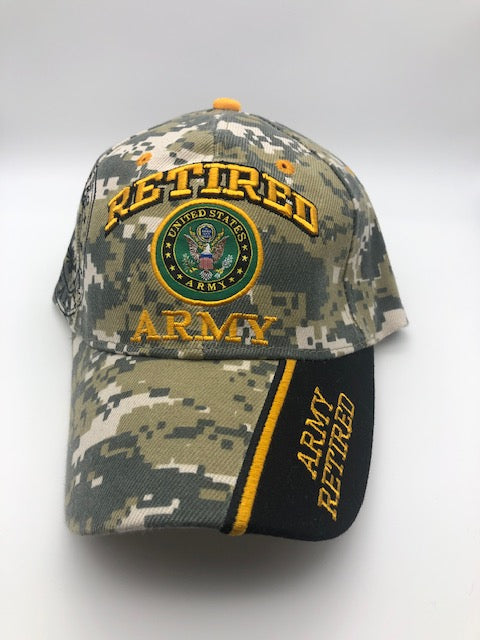 US Retired Army Military Cap - Army Green Camouflage, Embroidered Logo, Adjustable One Size Cap | Military Hats & Pins