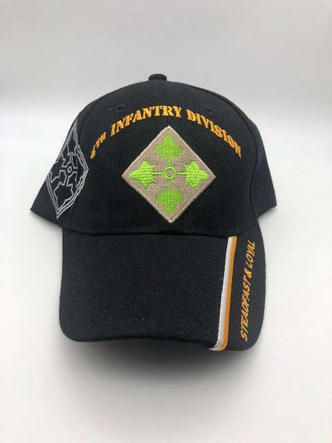US Army 4th Infantry Division "Steadfast & Loyal"  Military Cap - Black, Embroidered Logo, Adjustable One Size Cap | Military Hats & Pins