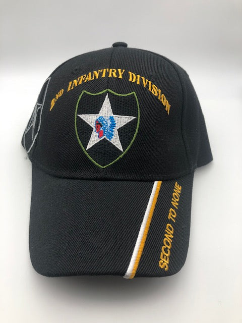 US Army 2nd Infantry Division Military Cap - Black Embroidered Logo, Adjustable One Size Cap | Military Hats & Pins