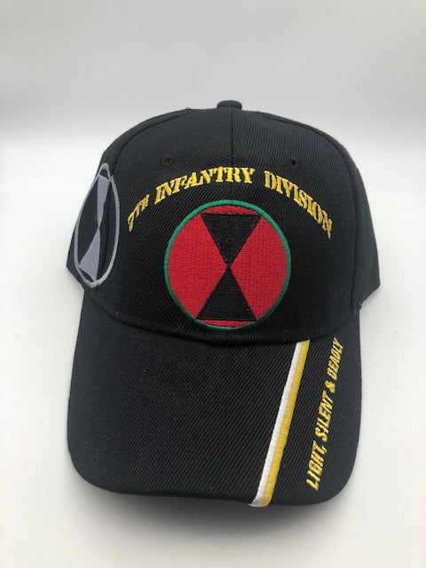 7th Infantry Division Military Cap – Light, Silent, and Deadly – Black, Embroidered Logo, One Size | Military Hats & Pins