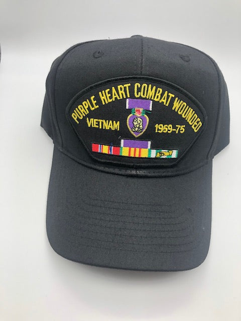 Purple Heart Combat Wounded Vietnam Veteran Cap 1959–1975 - Black Embroidered Logo, Adjustable One Size Cap | Military Hats & Pins
