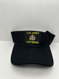 US Army Veteran Visor Black Sun Hat with Patch & Eagle Emblem  - Adjustable One Size | Military Hats & Pins
