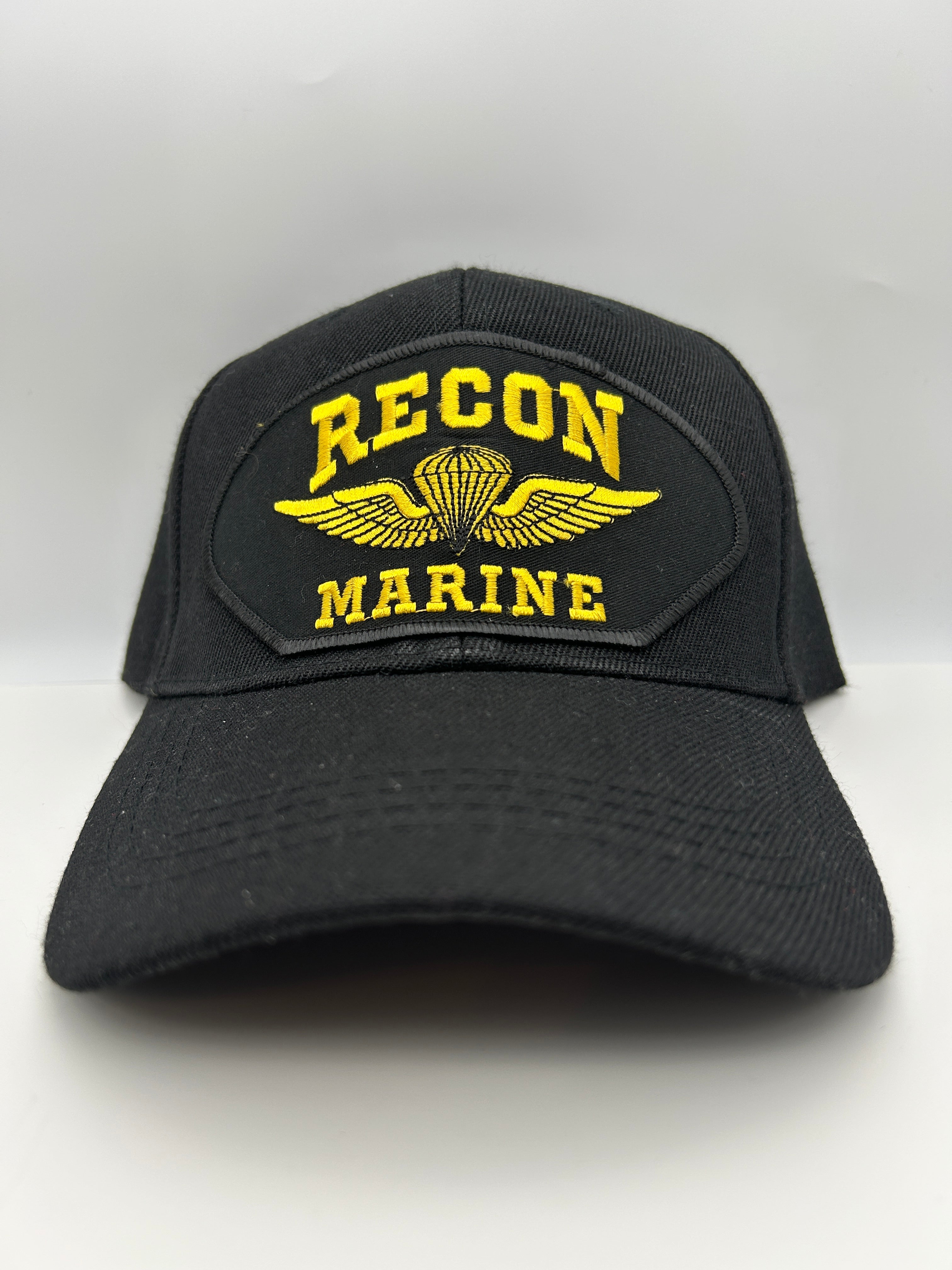 US Marines Corps - Recon Marine Black Embroidered Military Cap - Adjustable One Size | Military Hats & Pins