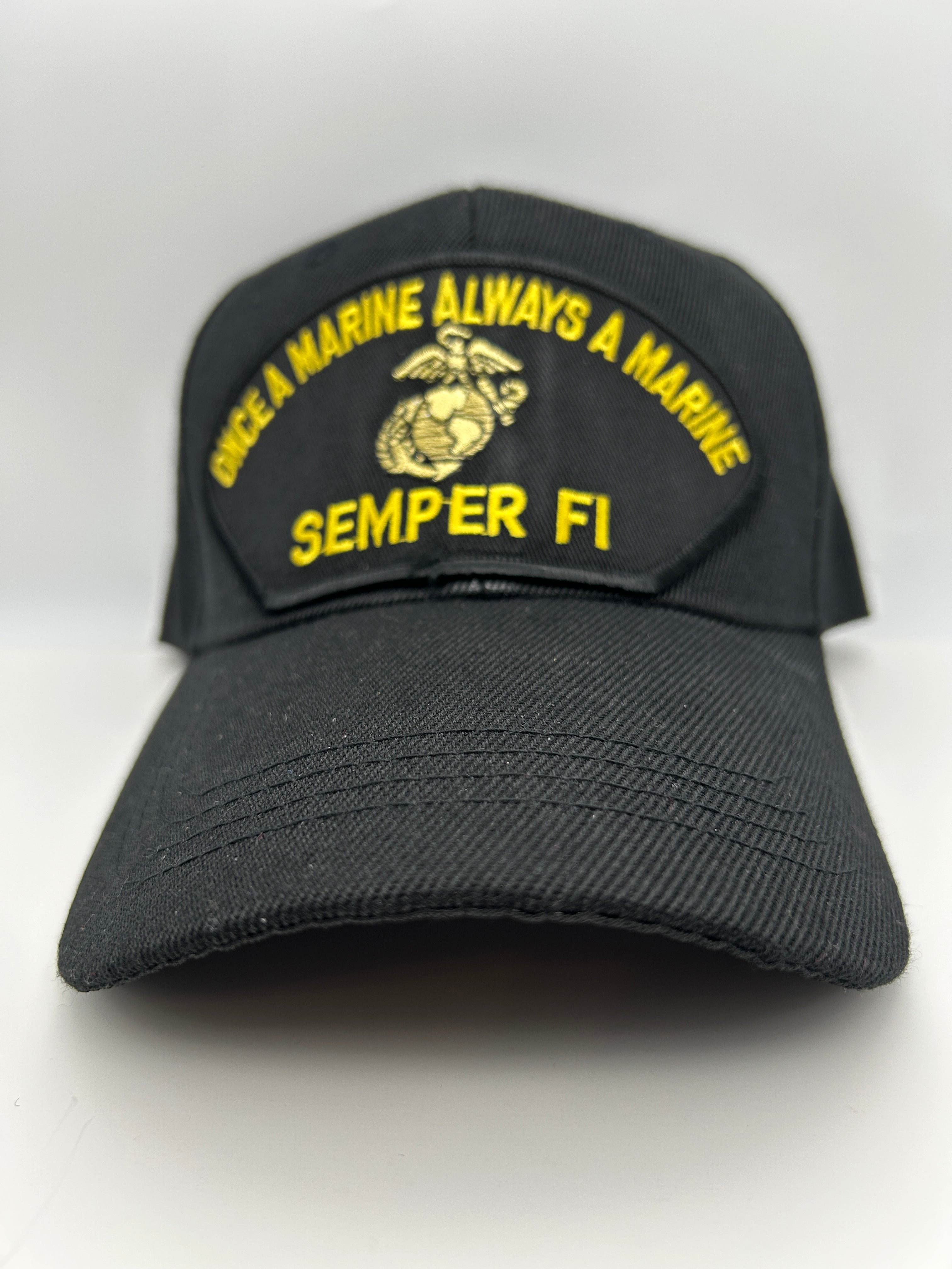 US Marines Corps - Semper FI Once A Marine Always A Marine Black Embroidered Military Cap - Adjustable One Size | Military Hats & Pins
