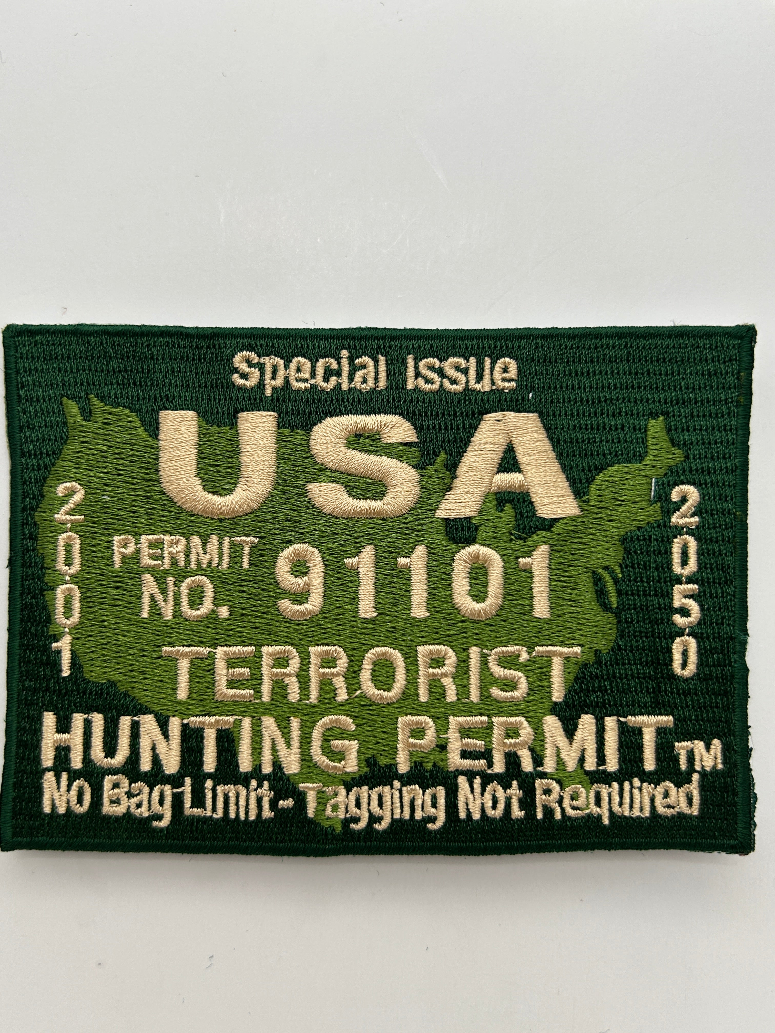 US Veteran Favorites "USA Permit No. 19101 Terrorist Hunting Permit Black Patch | Military Hats & Pins