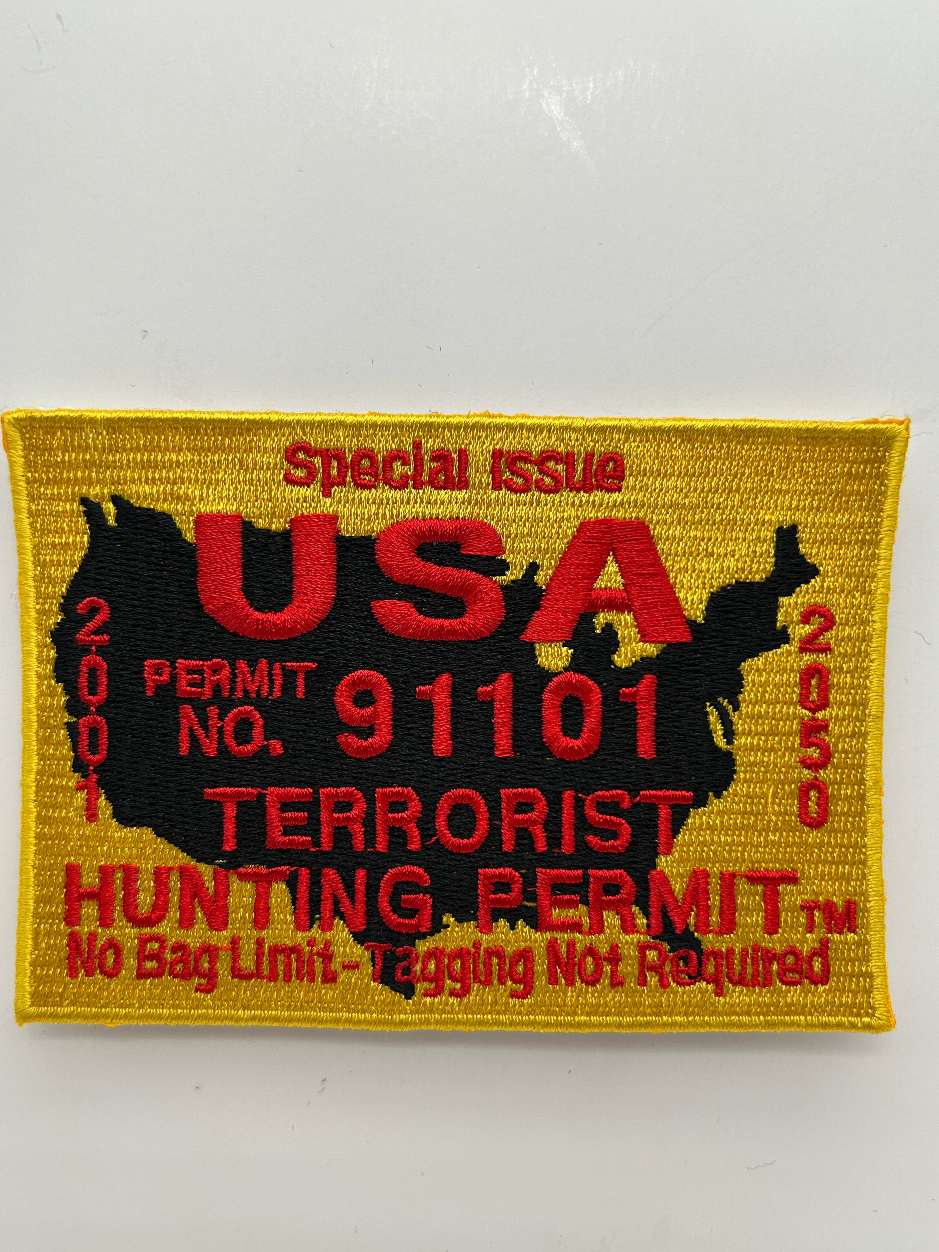 US Veteran Favorites "USA Permit No. 19101 Terrorist Hunting Permit Yellow Patch | Military Hats & Pins