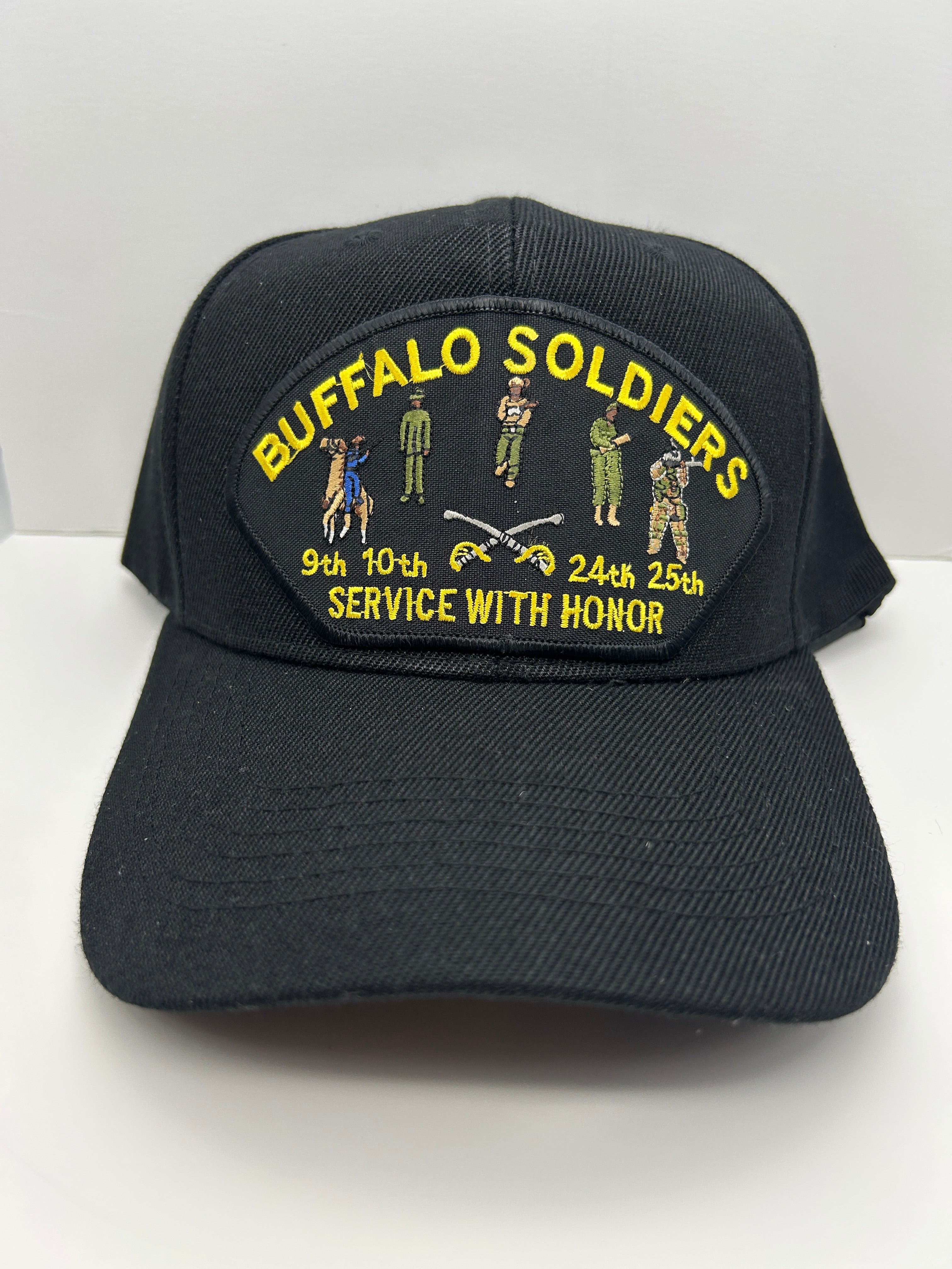 US Army - Buffalo Soldiers 9th, 10th, 24th, 25th Service with Honor - Black Adjustable One Size Military Hat | Military Hats & Pins