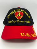 US Marines Corps - 3rd Marine Division "Fidelity Honor Value" Black Red Embroidered Military Cap - Adjustable One Size | Military Hats & Pins