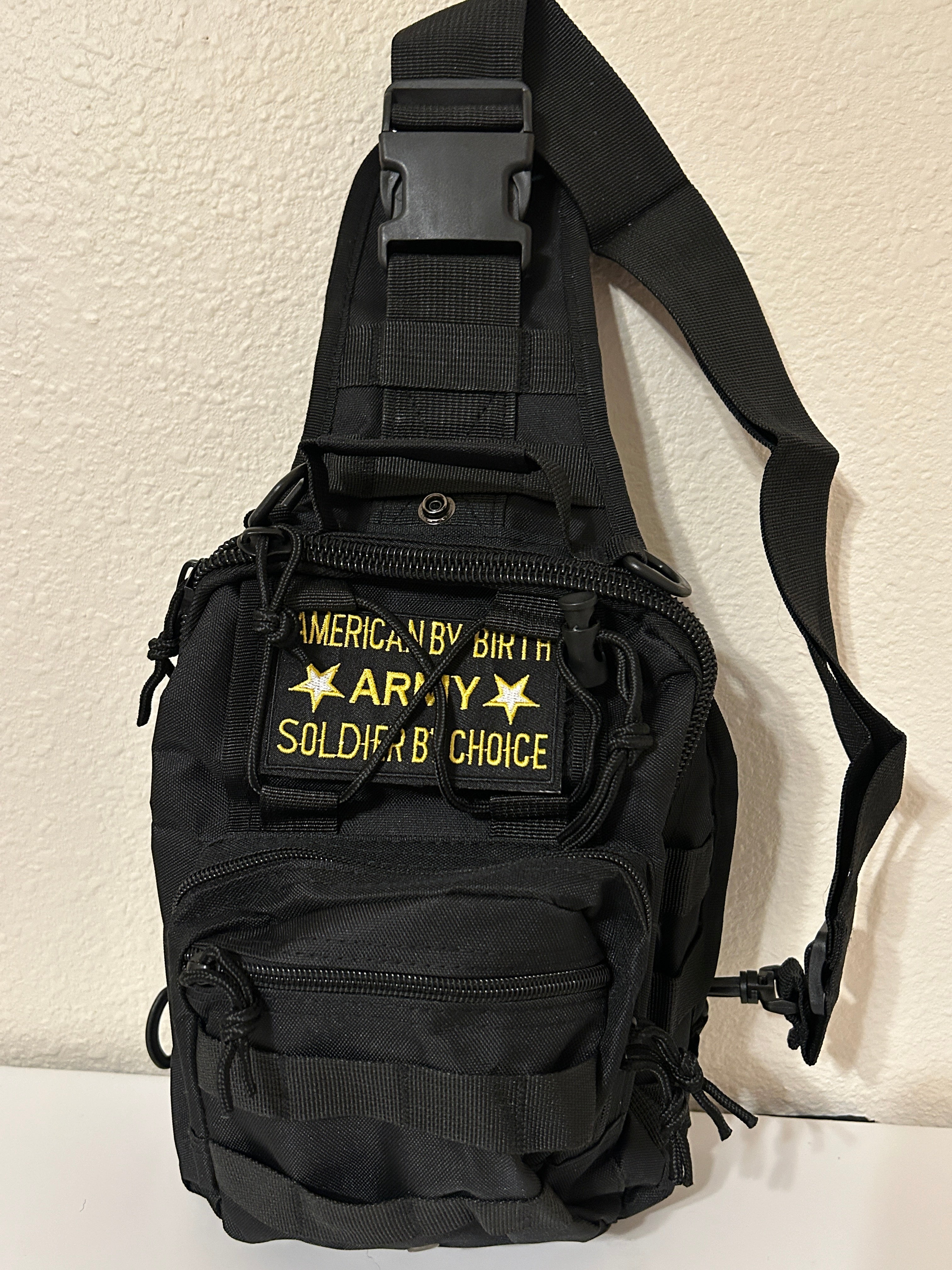 Tactical Military Bag: US Army Black w/ American By Birth Soldier By Choice Patch Military Utility Cross Body Bags 11” x 9” | Military Hats & Pins