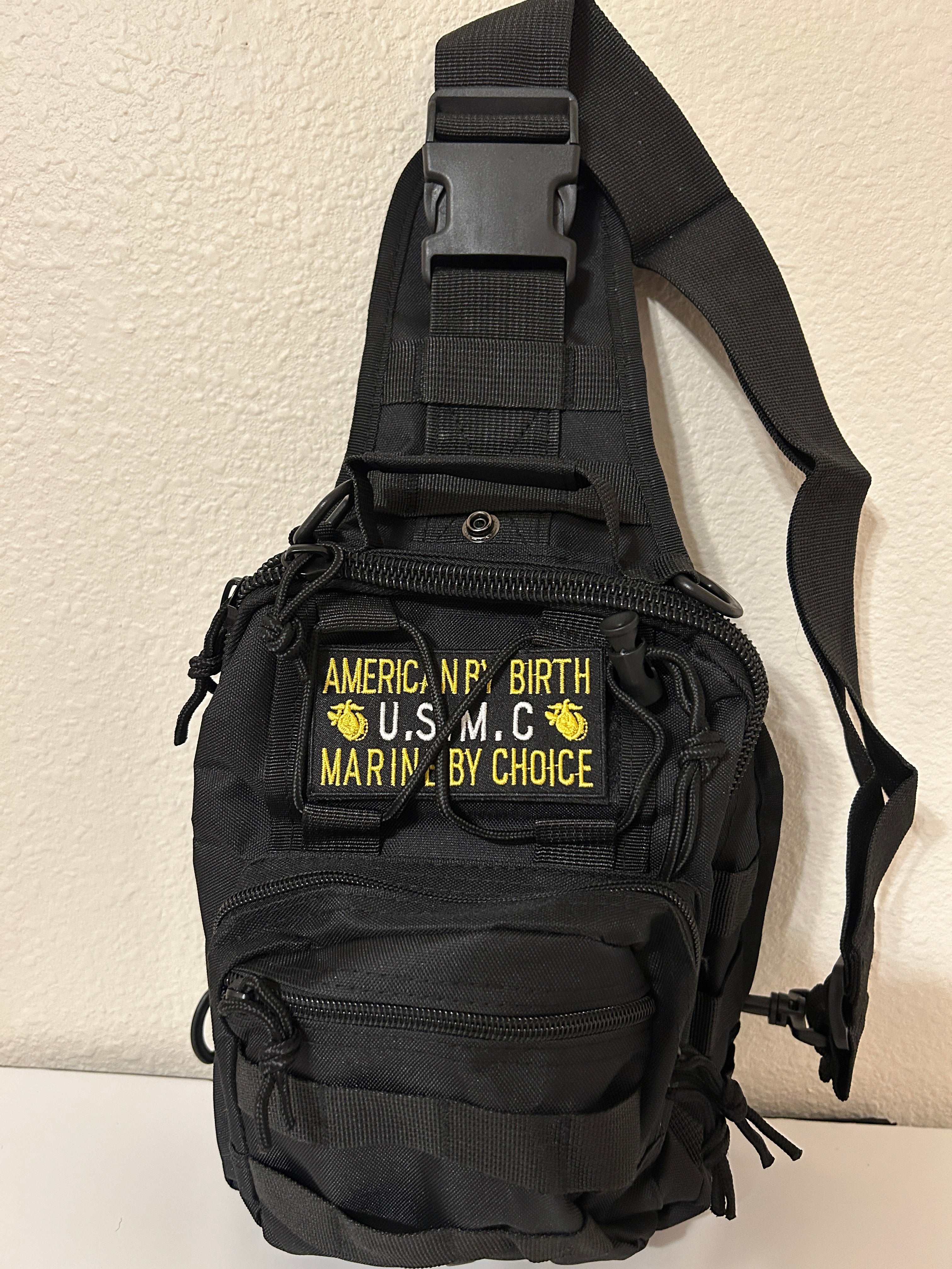 Tactical Military Bag: U.S.M.C Black w/ American By Birth Marine By Choice Patch Military Utility Cross Body Bags 11” x 9” | Military Hats & Pins