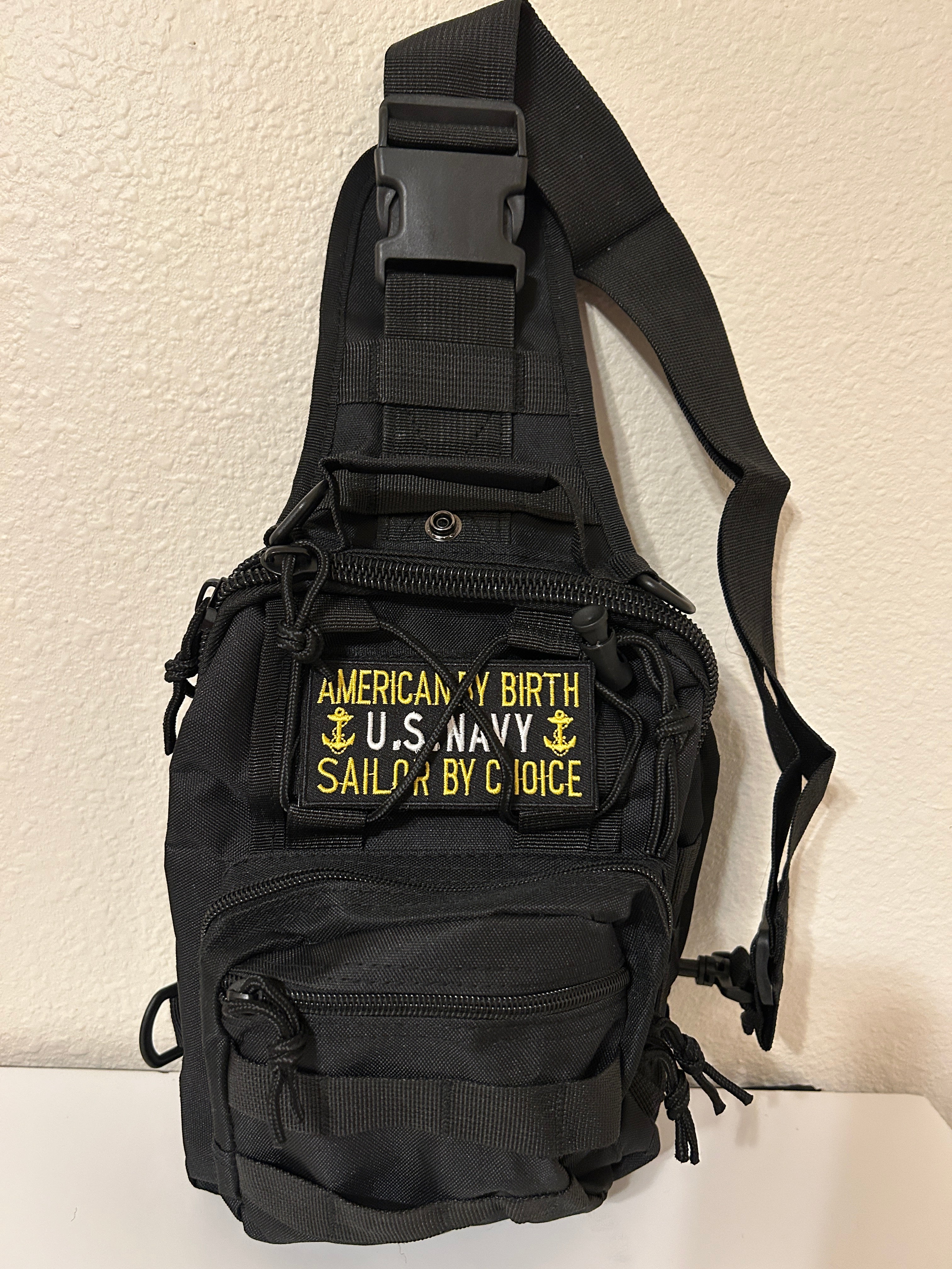 Tactical Military Bag: US Navy Black w/ American By Birth Sailor By Choice Patch Military Utility Cross Body Bags 11” x 9” | Military Hats & Pins