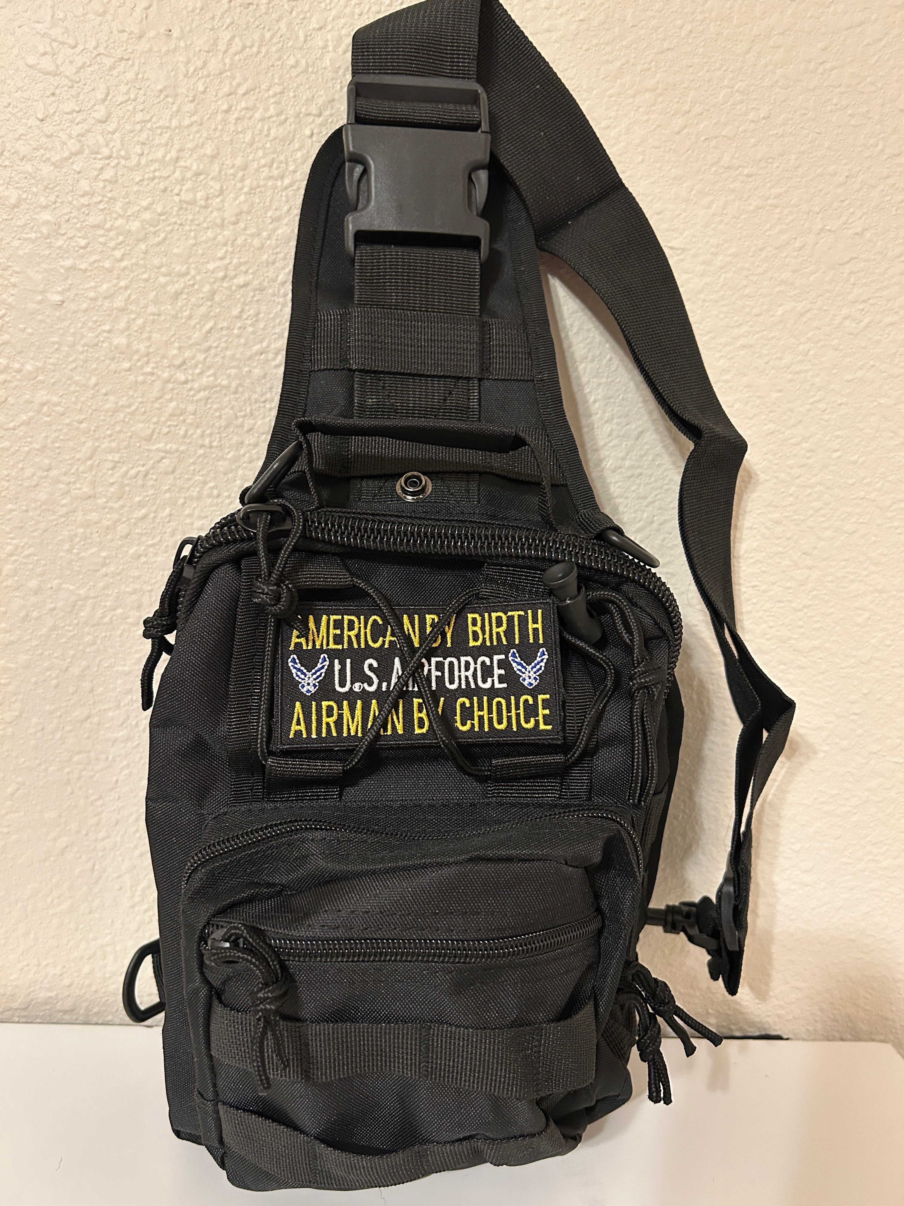 Tactical Military Bag: US Air Force Black w/ American By Birth Airman By Choice Patch Military Utility Cross Body Bags 11” x 9” | Military Hats & Pins