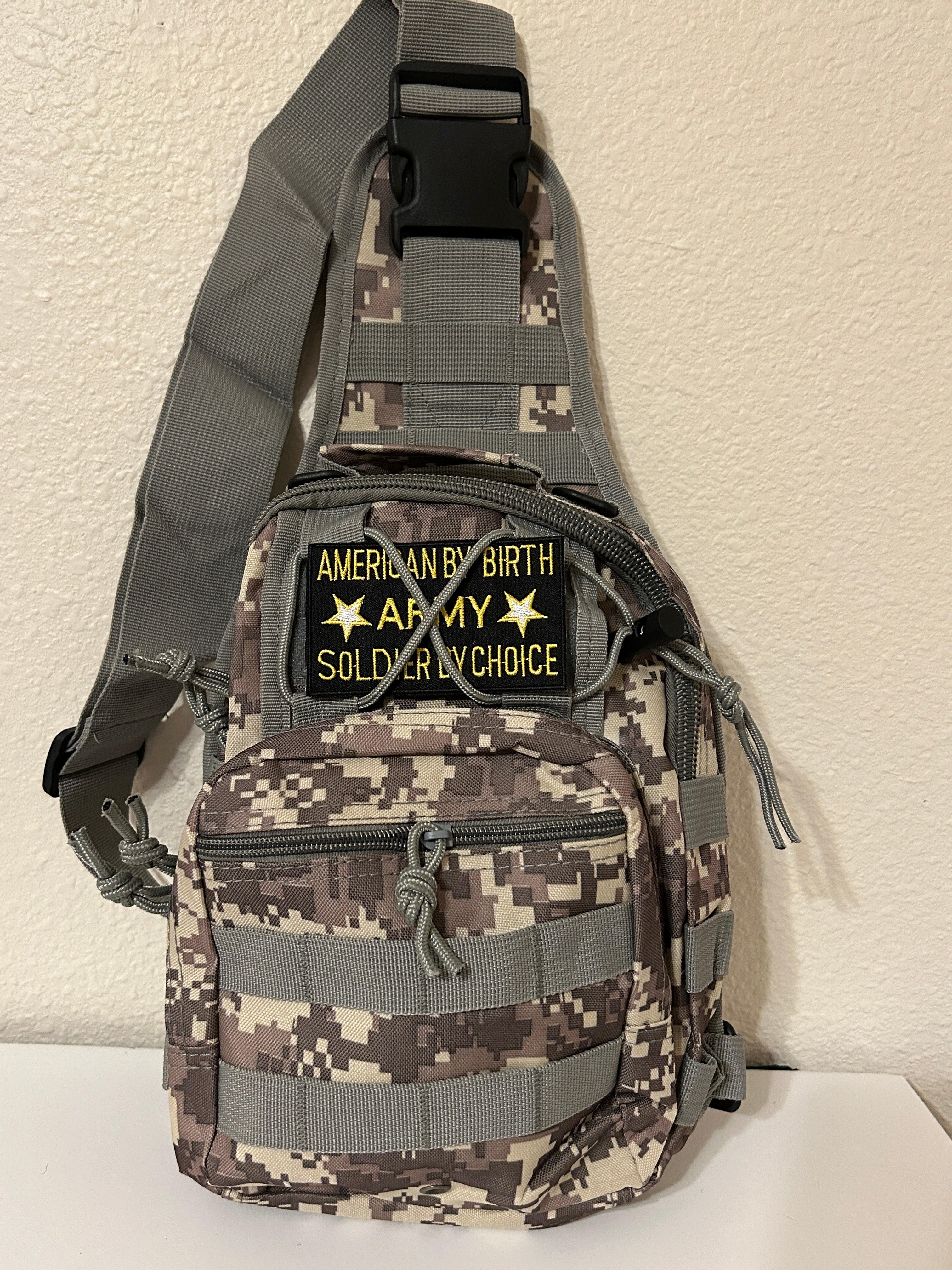 Tactical Military Bag: US Army Camouflage w/ American By Birth Soldier By Choice Patch Military Utility Cross Body Bags 11” x 9” | Military Hats & Pins