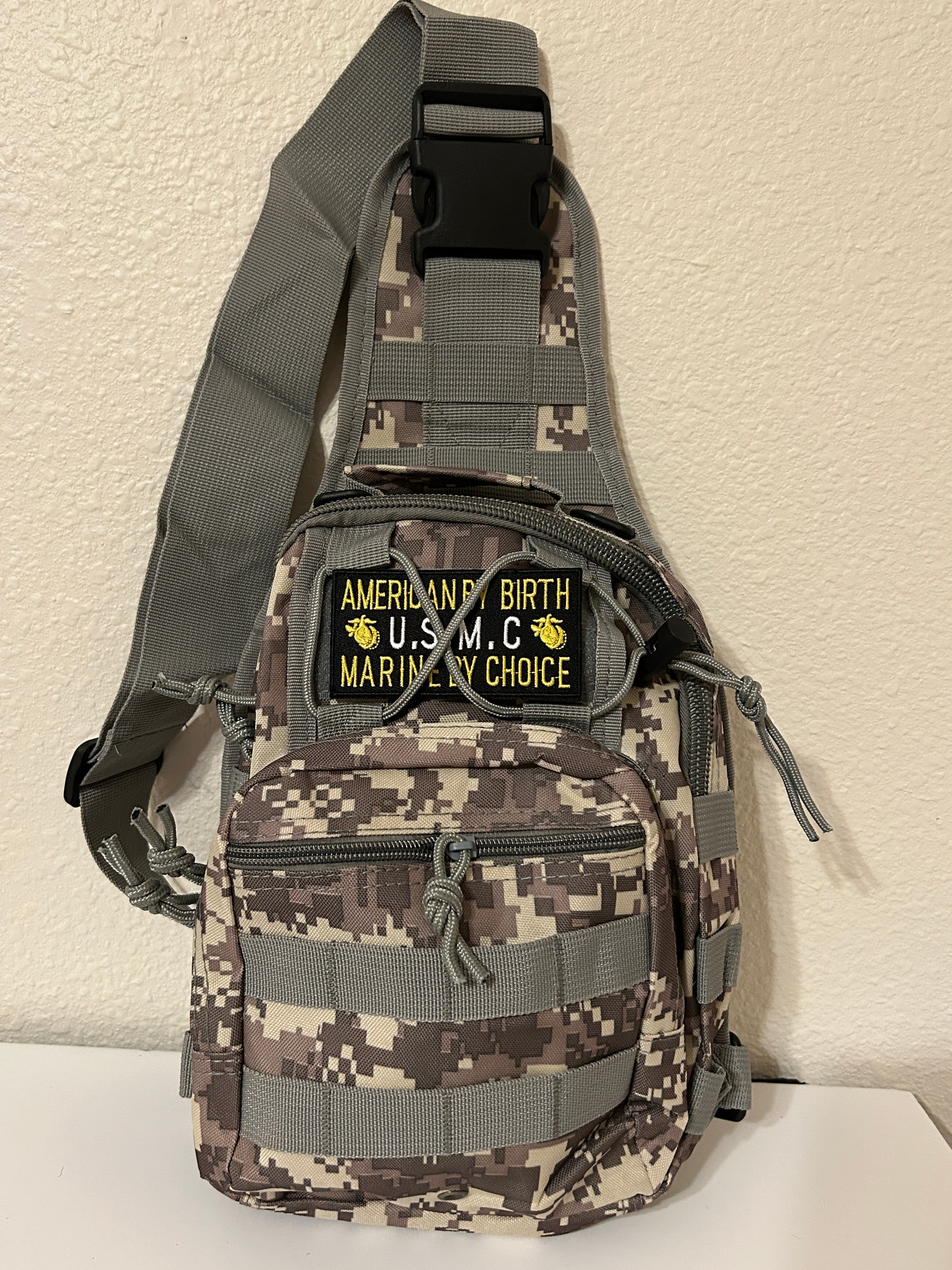 Tactical Military Bag: U.S.M.C Camouflage w/ American By Birth Marine By Choice Patch Military Utility Cross Body Bags 11” x 9” | Military Hats & Pins