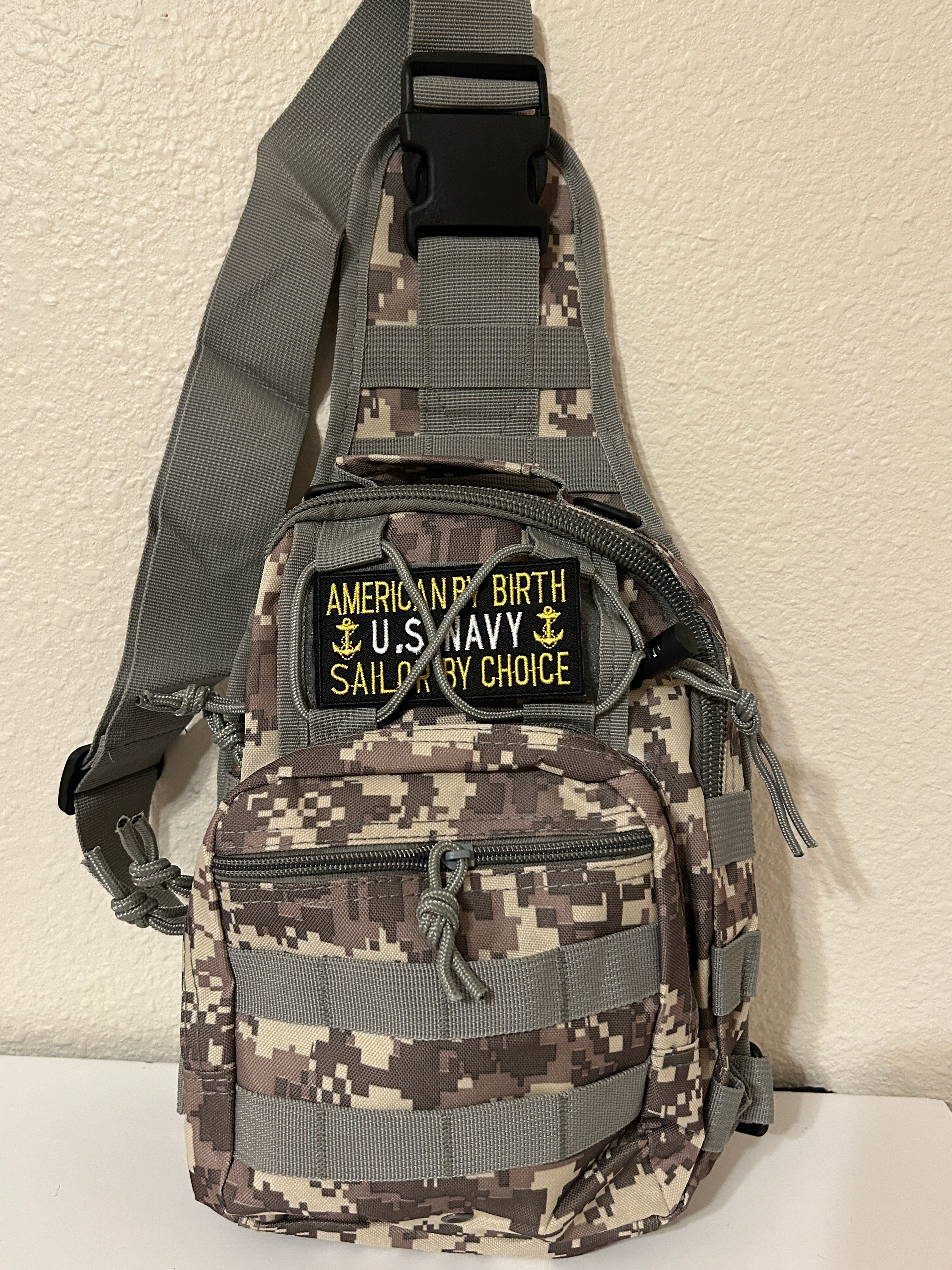 Tactical Military Bag: US Navy Camouflage w/ American By Birth Sailor By Choice Patch Military Utility Cross Body Bags 11” x 9” | Military Hats & Pins