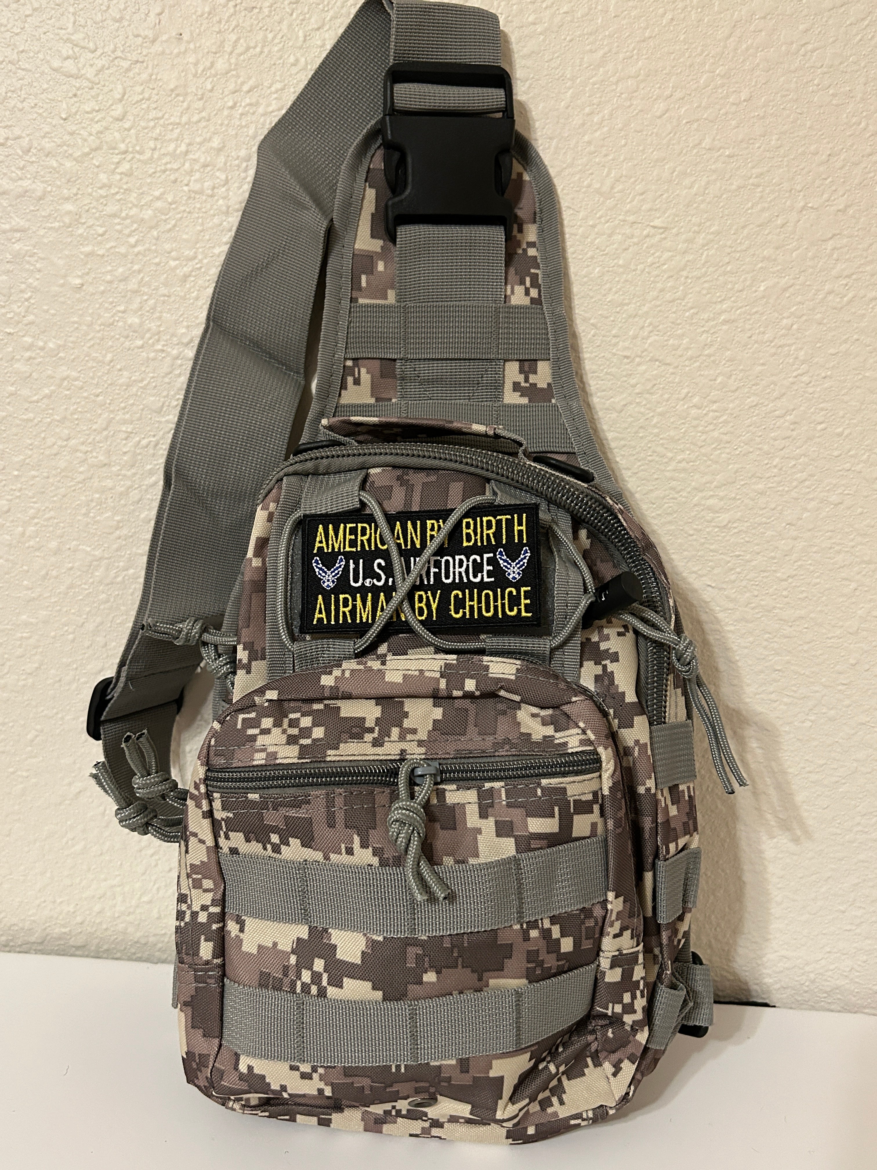 Tactical Military Bag: US Air Force Camouflage w/ American By Birth Airman By Choice Patch Military Utility Cross Body Bags 11” x 9” | Military Hats & Pins