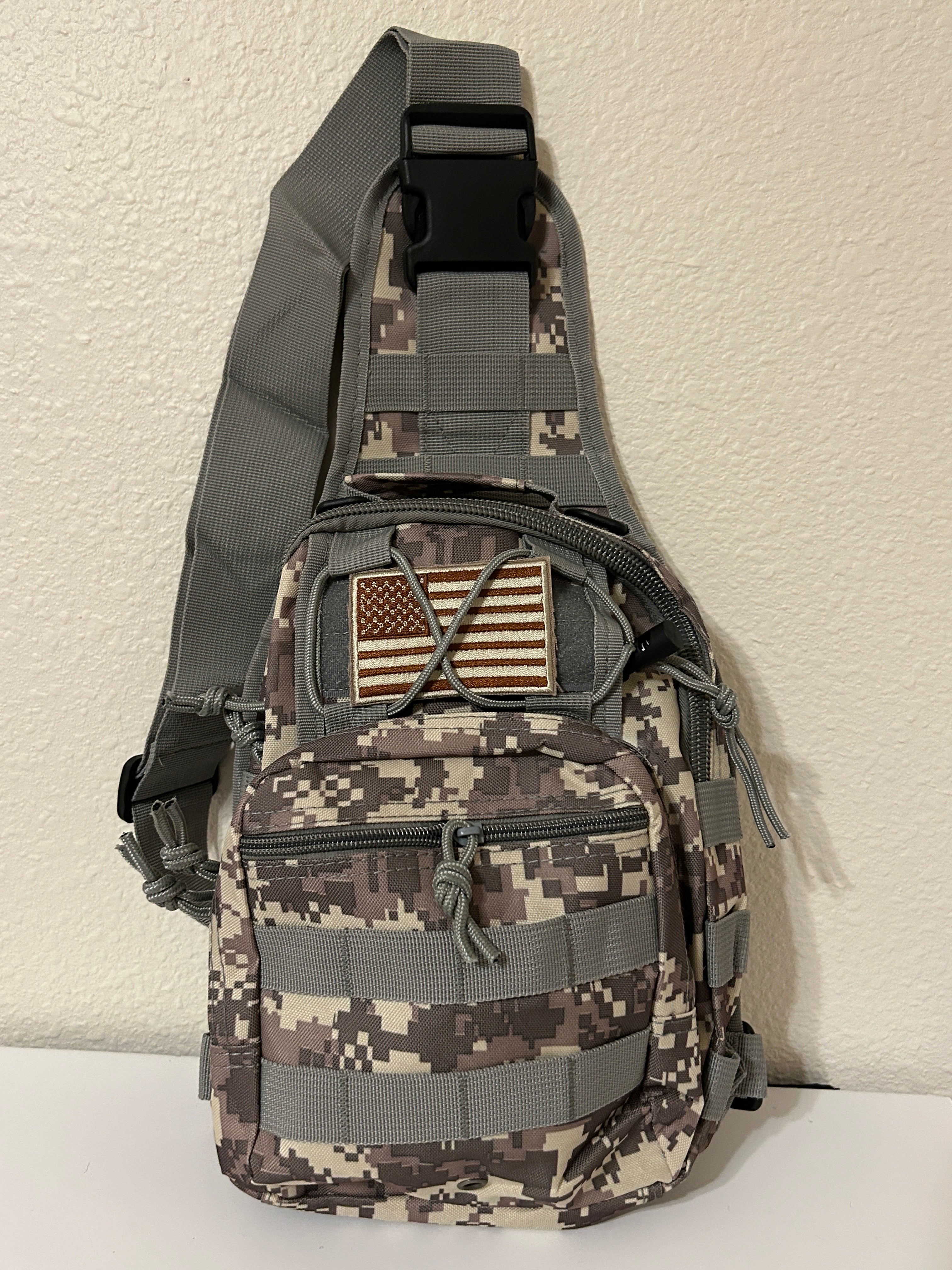Tactical Military Bag: Camouflage w/ USA American Flag Patch Military Utility Cross Body Bags 11” x 9” | Military Hats & Pins