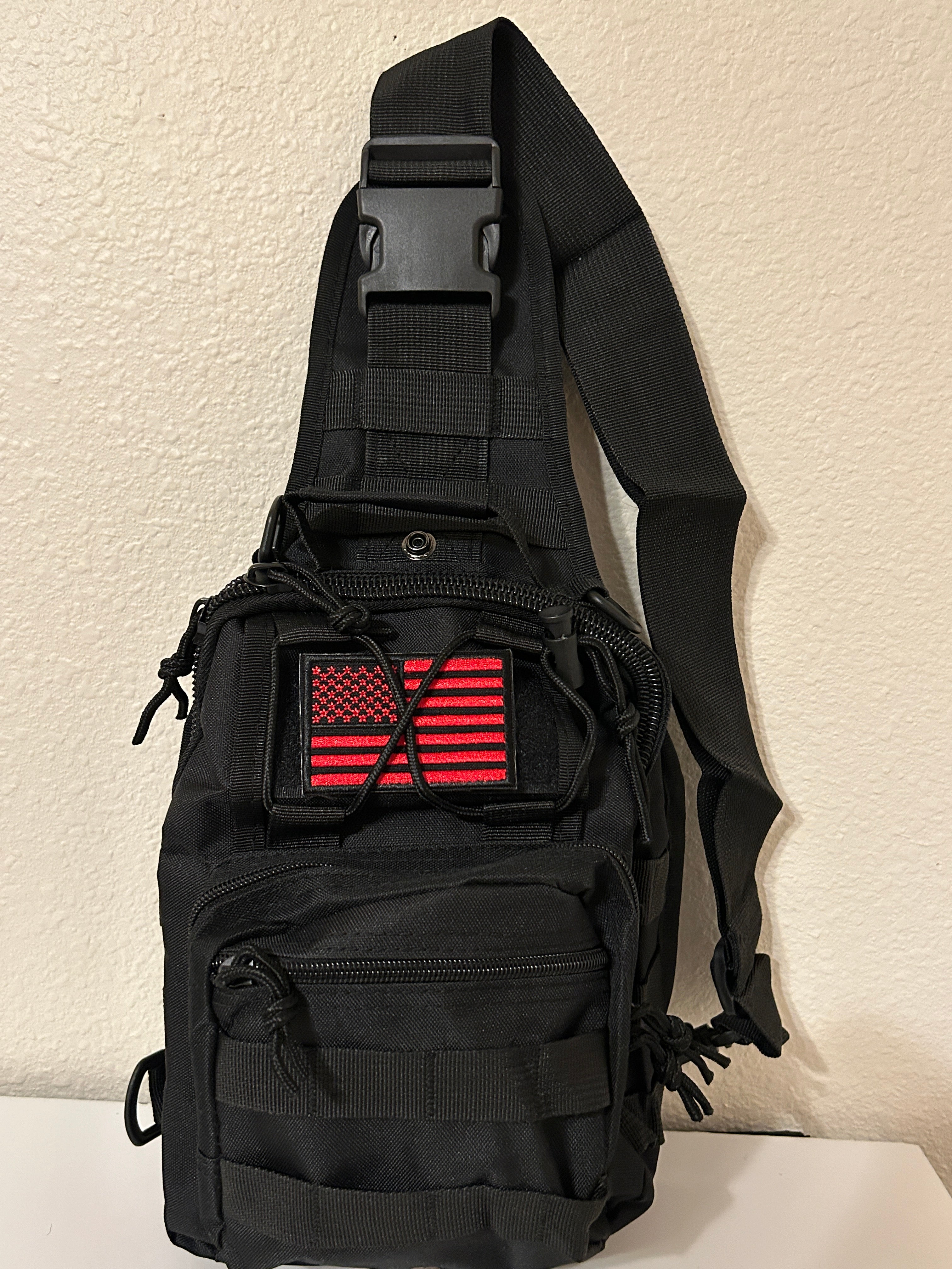 Tactical Military Bag: Black w/ USA American Flag Patch Military Utility Cross Body Bags 11” x 9” | Military Hats & Pins