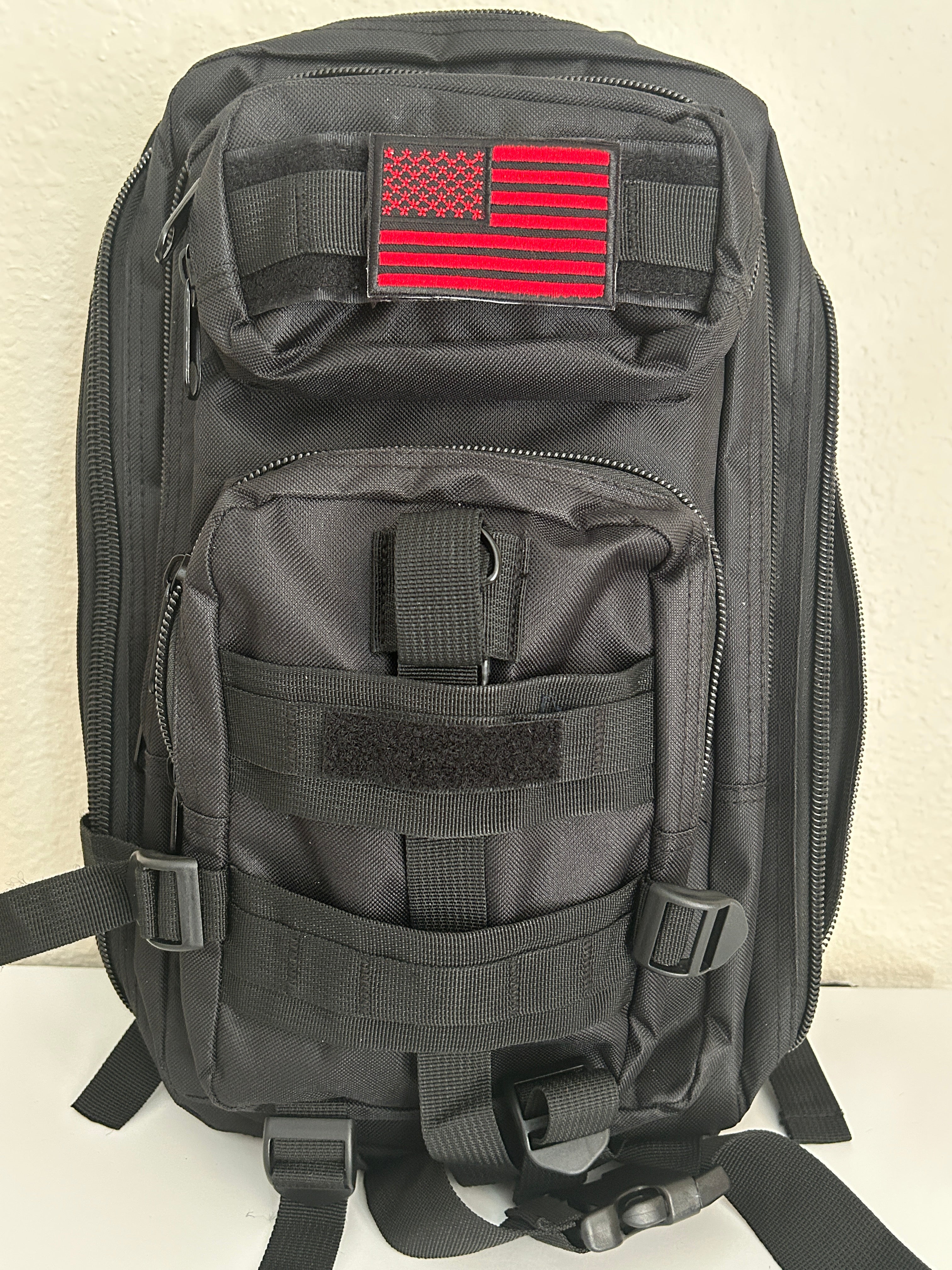 Tactical Military Bag: Black w/ USA American Red Flag Velcro Patch Military Utility Backpack 18”x9”| Military Hats & Pins