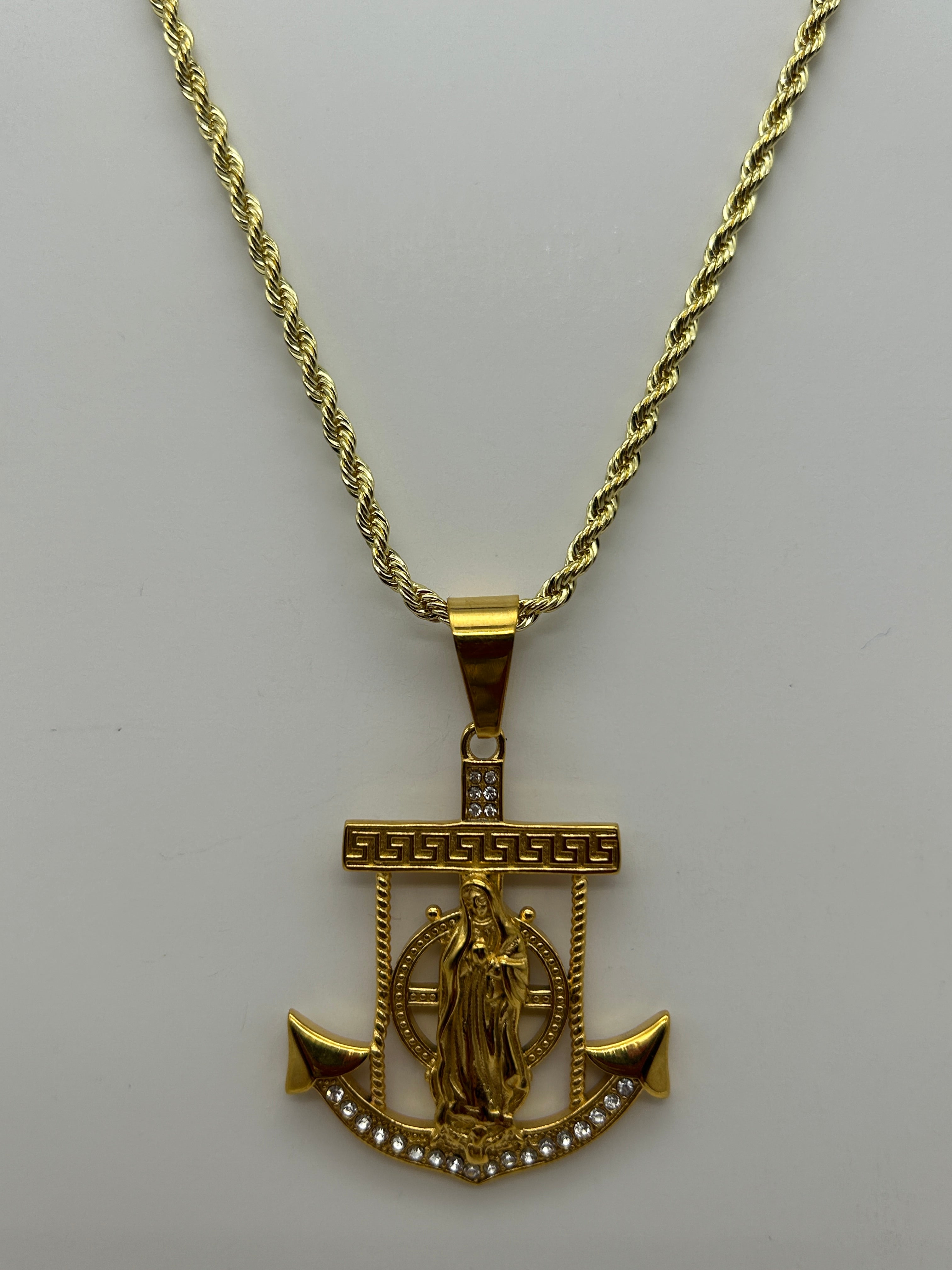 Jewelry: Gold Tone Electroplated, Religious Virgin Mary Anchor Pendant, 24" Necklace | Military Hats & Pins
