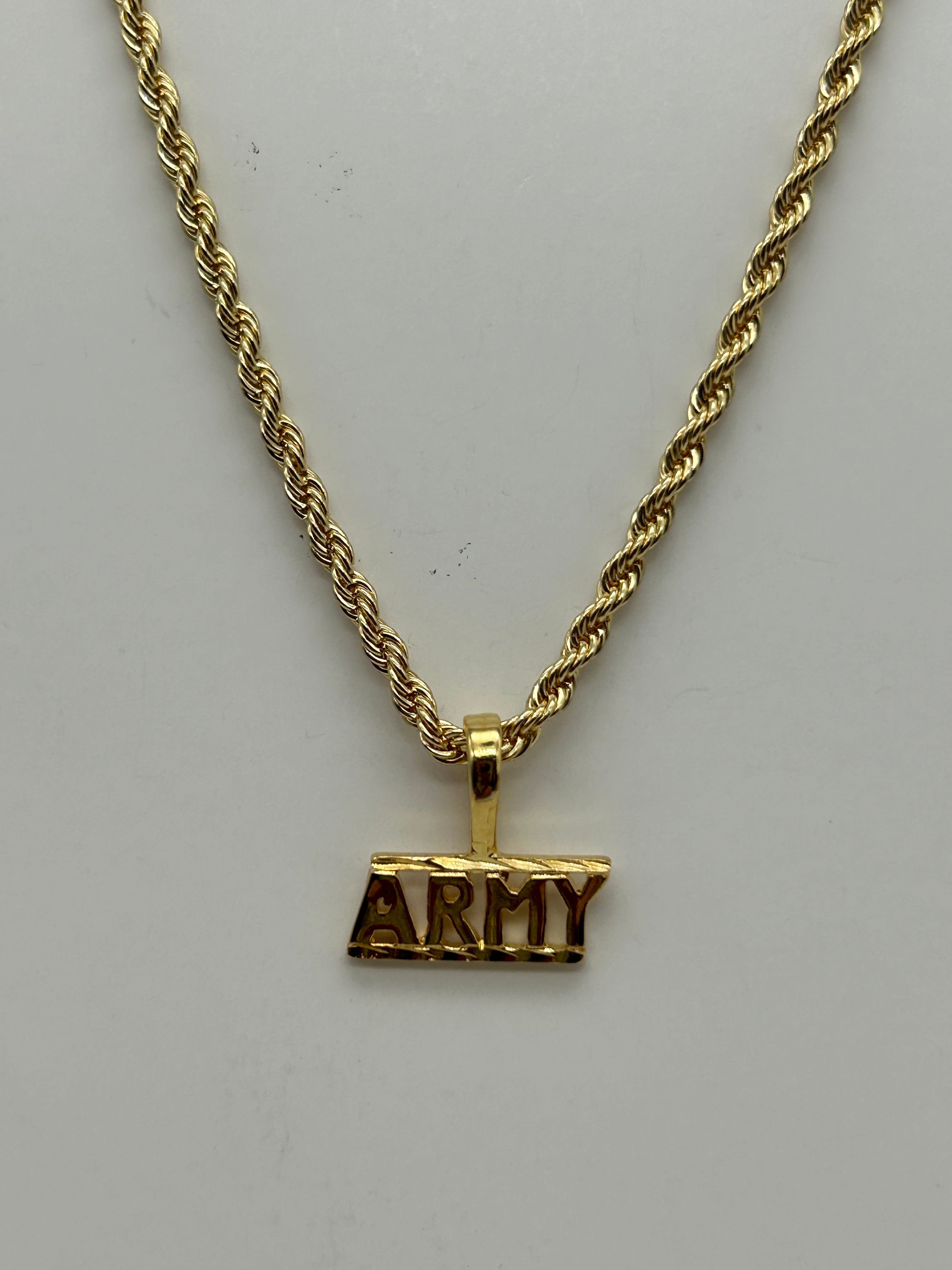 Jewelry: Gold Tone Electroplated, Army Pendant, Rope Necklace | Military Hats & Pins