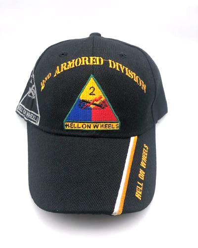 US Army 2nd Armored Division Military Cap – Black, Embroidered Logo “Hell on Wheels” One Size Cap | Military Hats & Pins