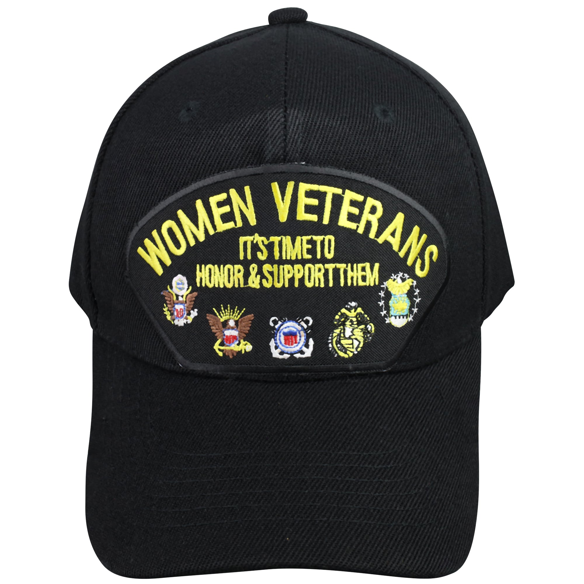 Women Veterans "It's Time to Honor & Support Them" - Black Embroidered Military Cap - Adjustable One Size | Military Hats & Pins